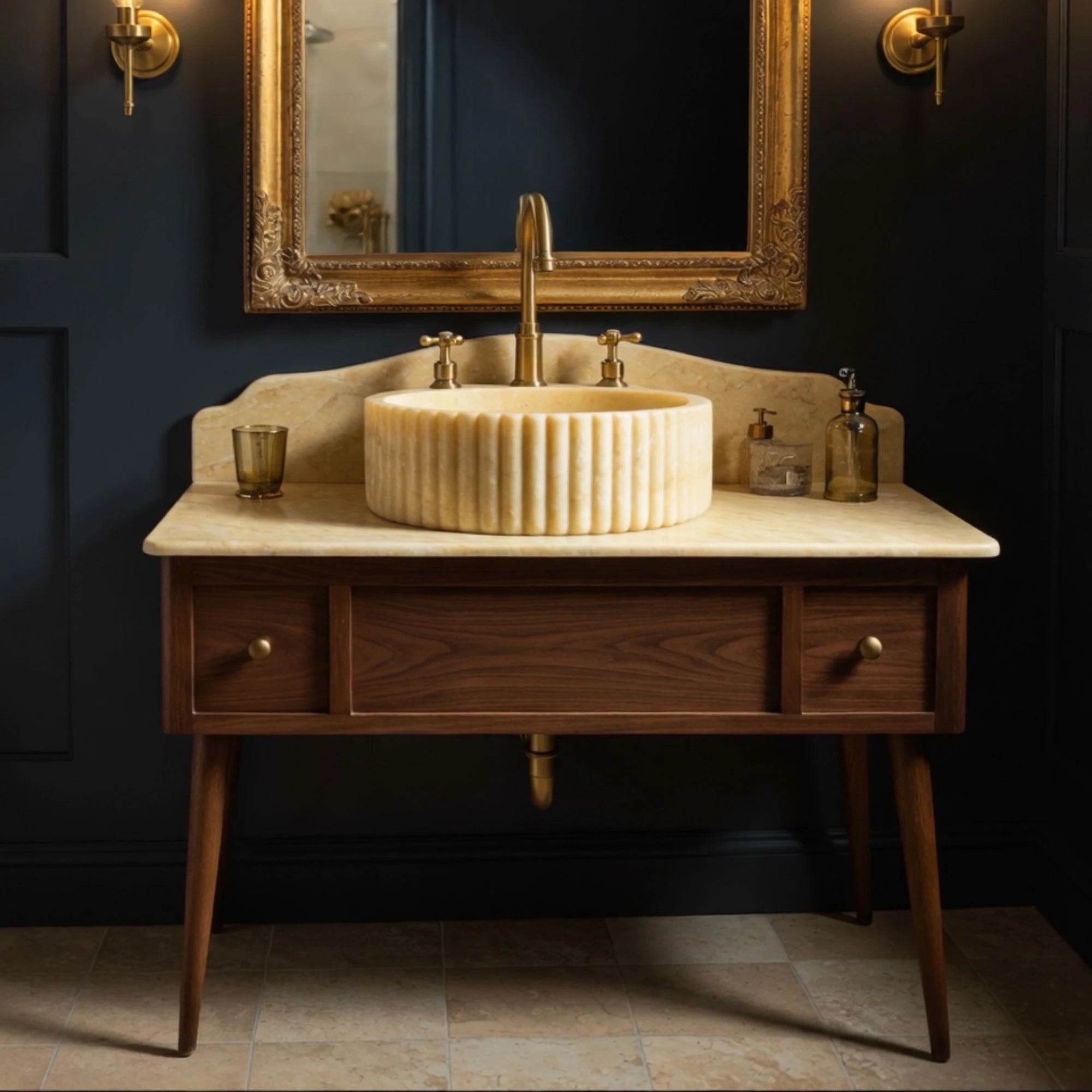 elegant bathroom sink round shape yellow travertine