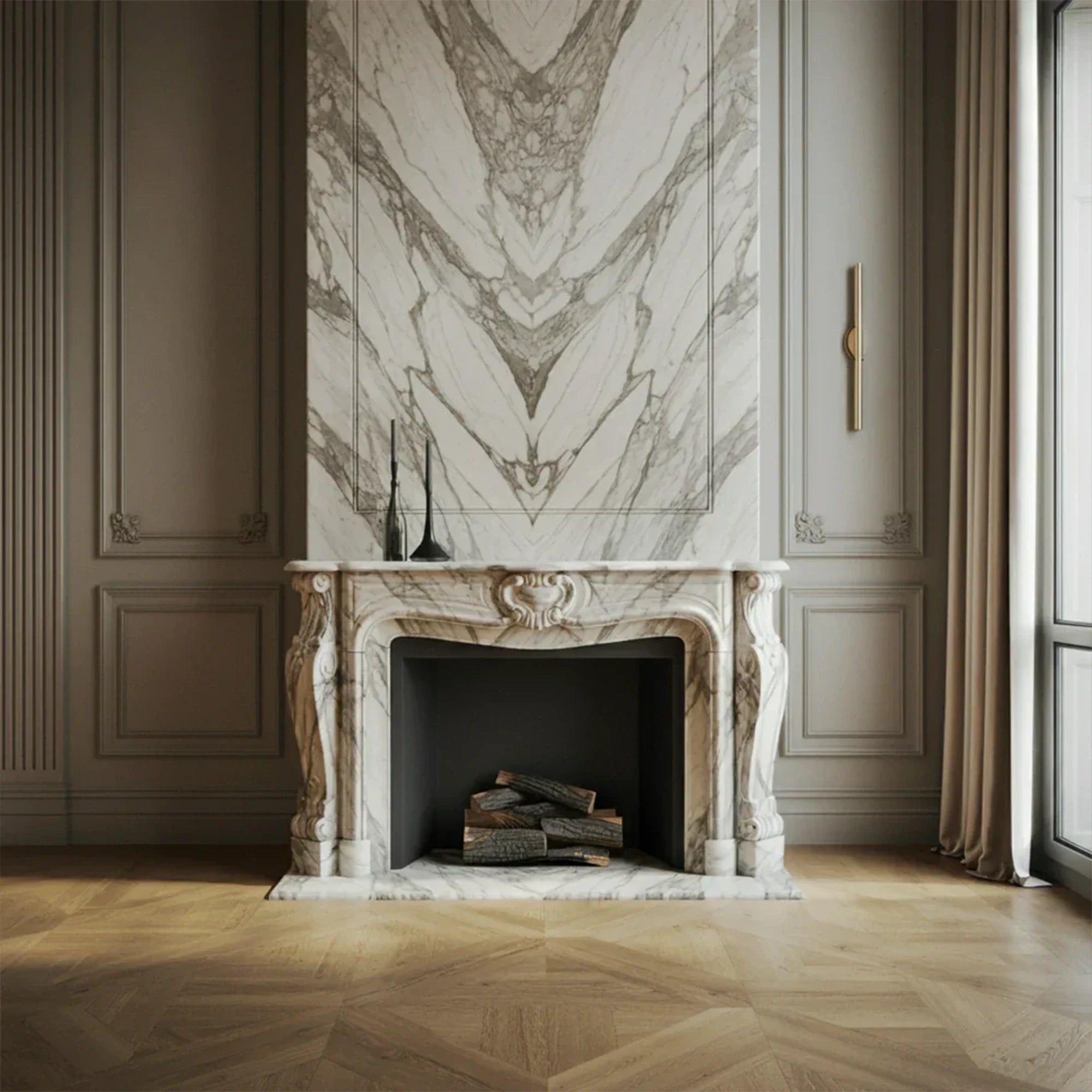elegant carved marble fireplace mantel
