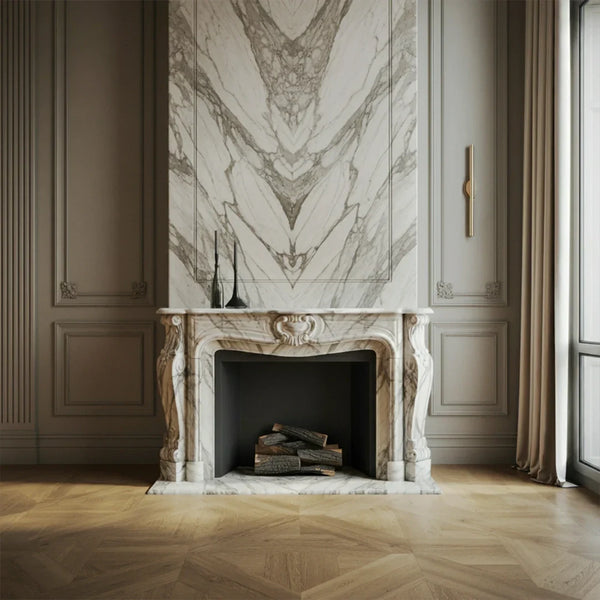 Elegant Marble Fireplace Mantel with Intricate Carvings