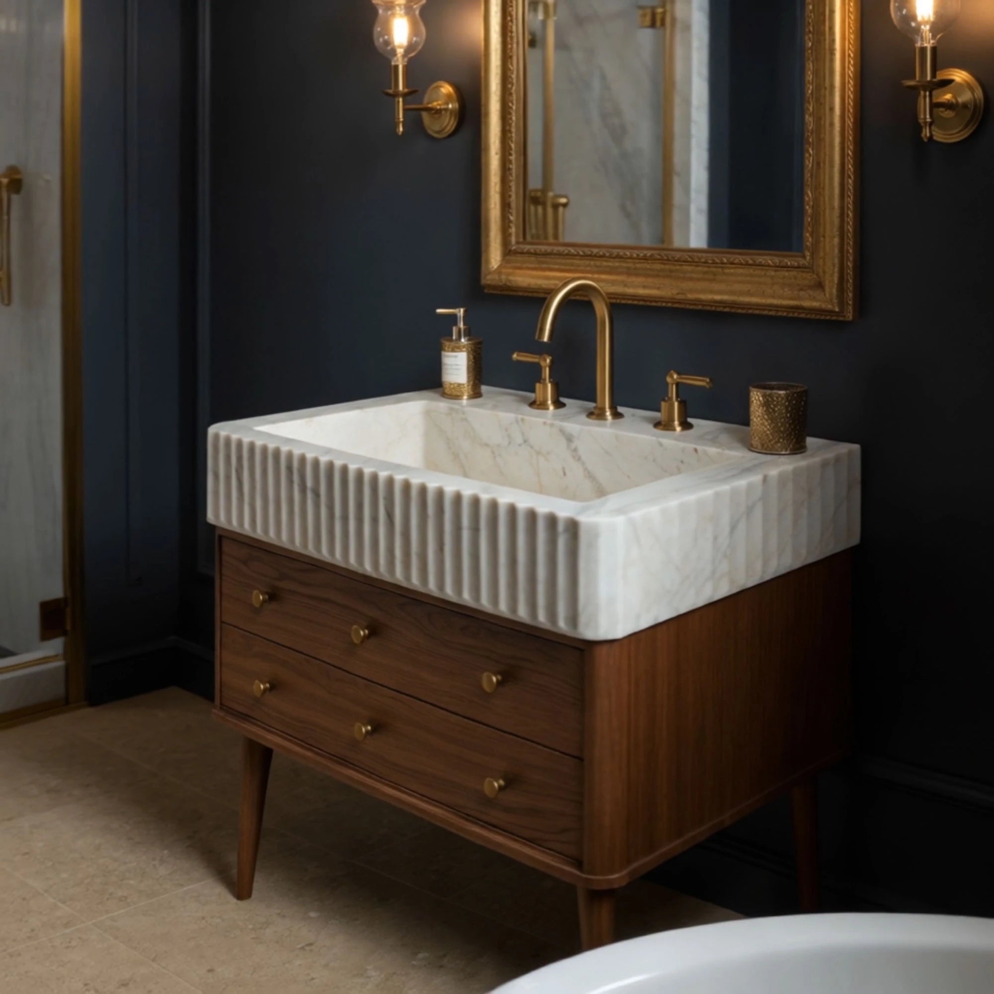elegant fluted sink in polished white marble