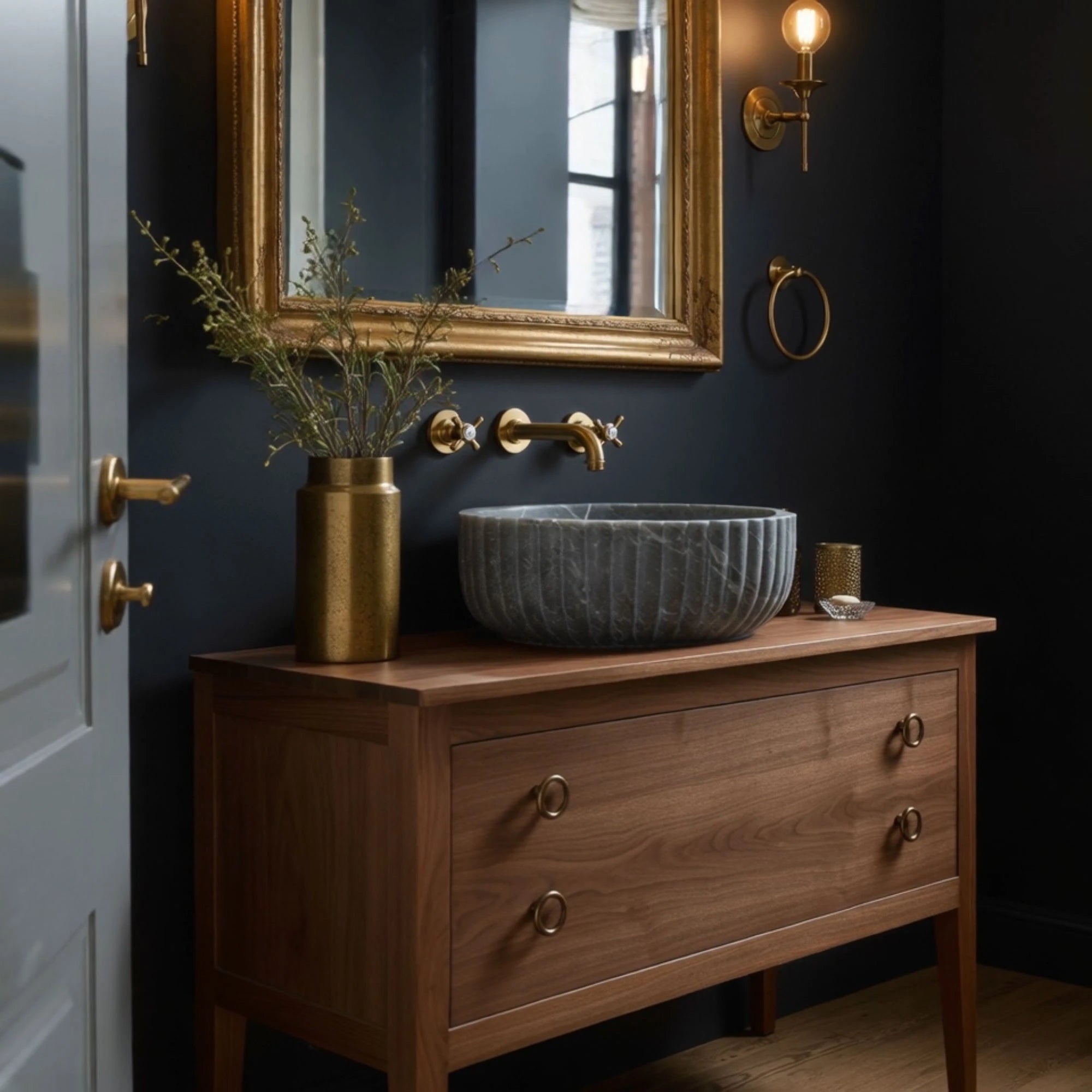 elegant fluted sink in round gray marble design