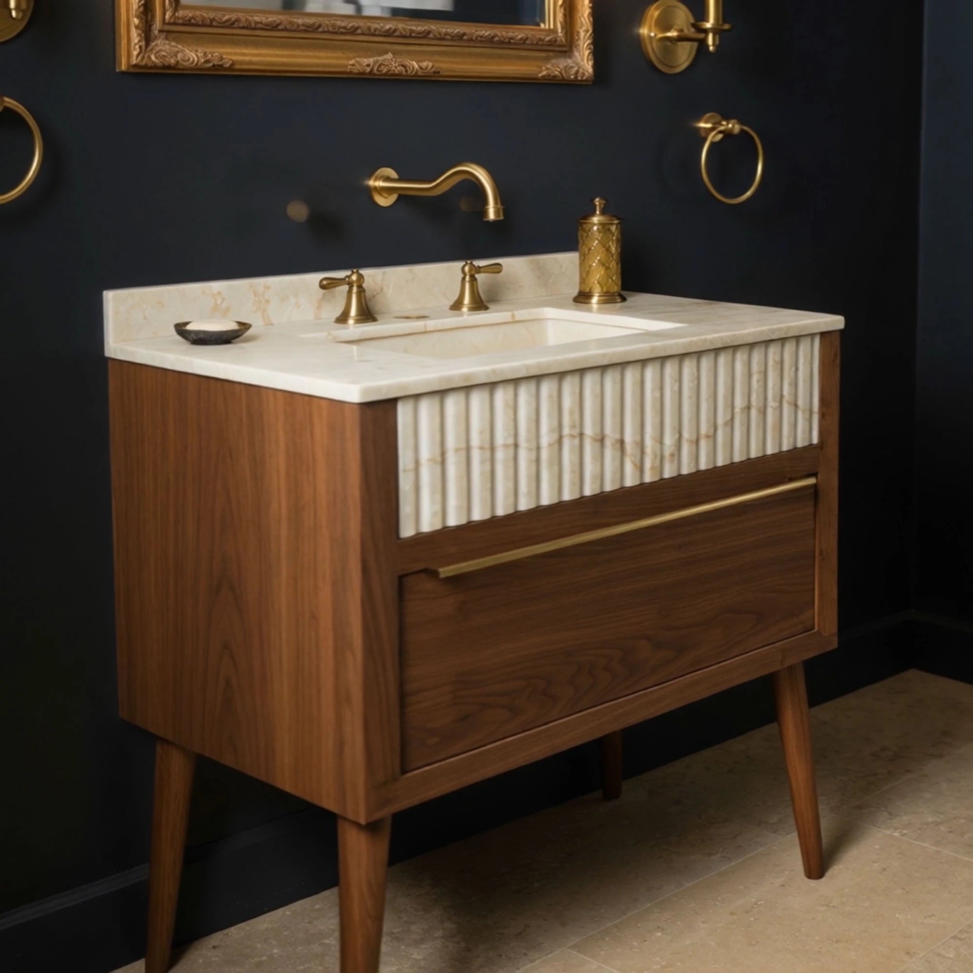 elegant fluted travertine sink with marble inset