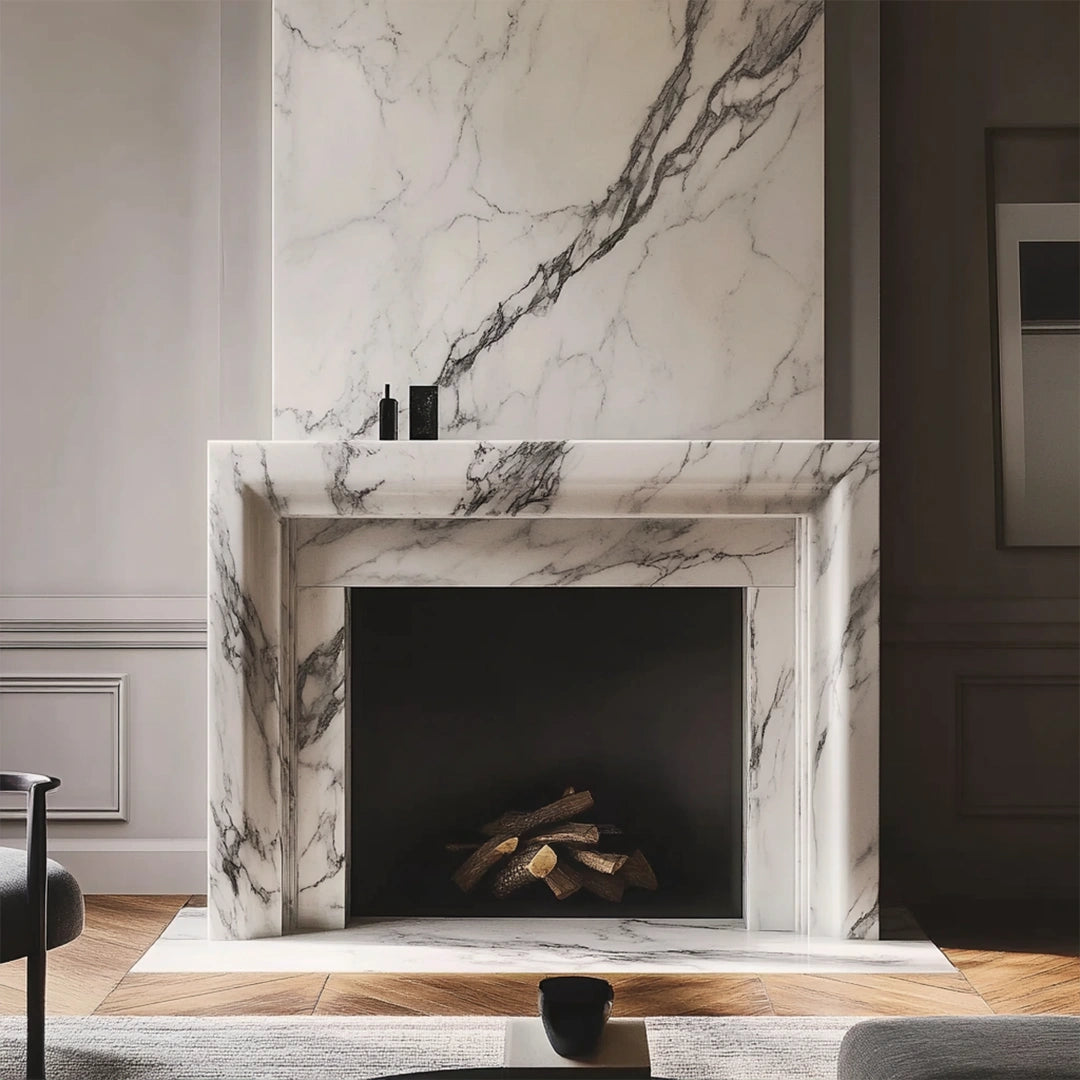 elegant marble fireplace mantel with an extended overmantel