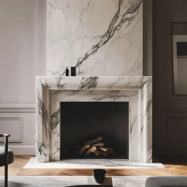 Elegant Marble Fireplace Mantel With an Extended Overmantel