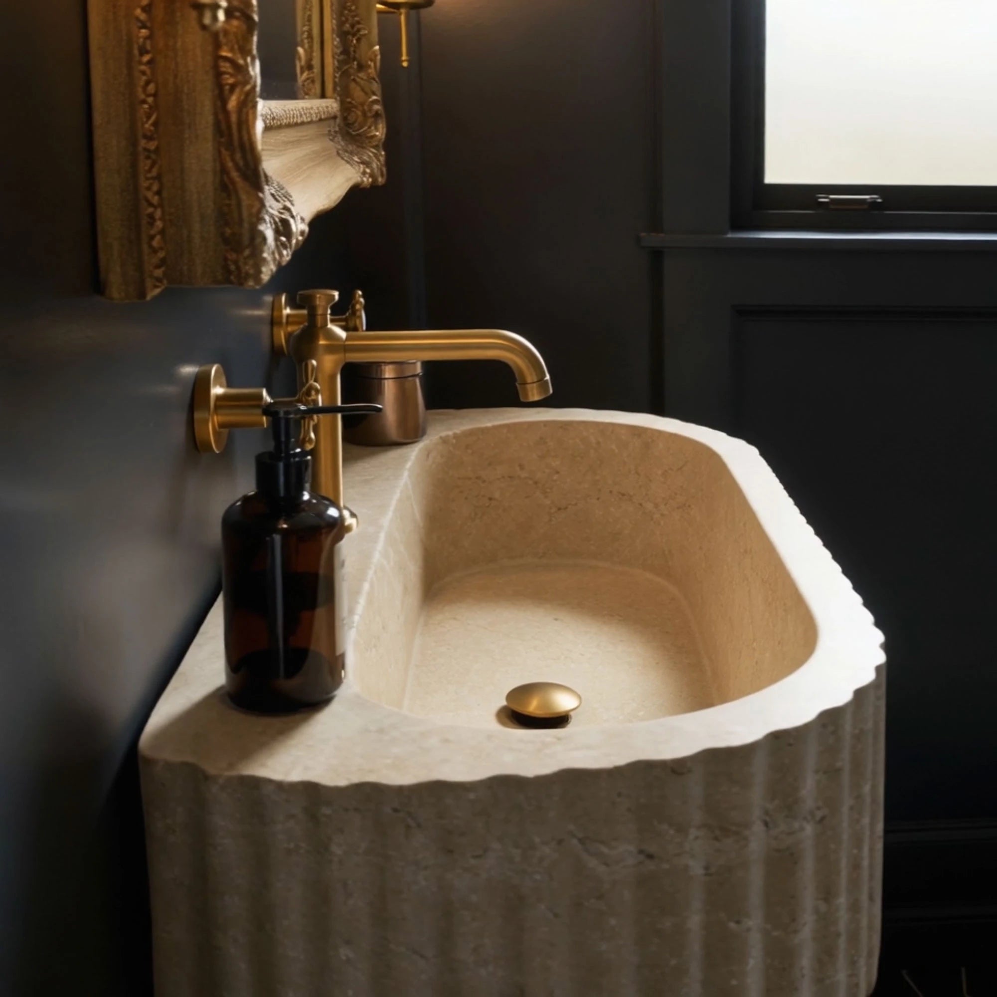 elegant oval sink with ribbed travertine texture
