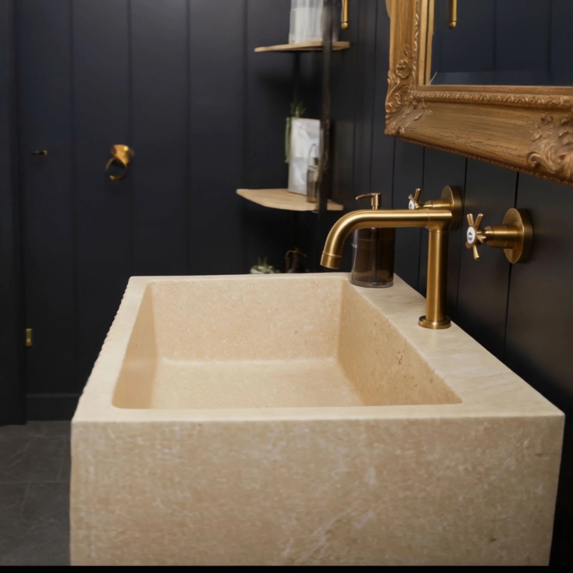 elegant rectangular sink in fluted travertine stone