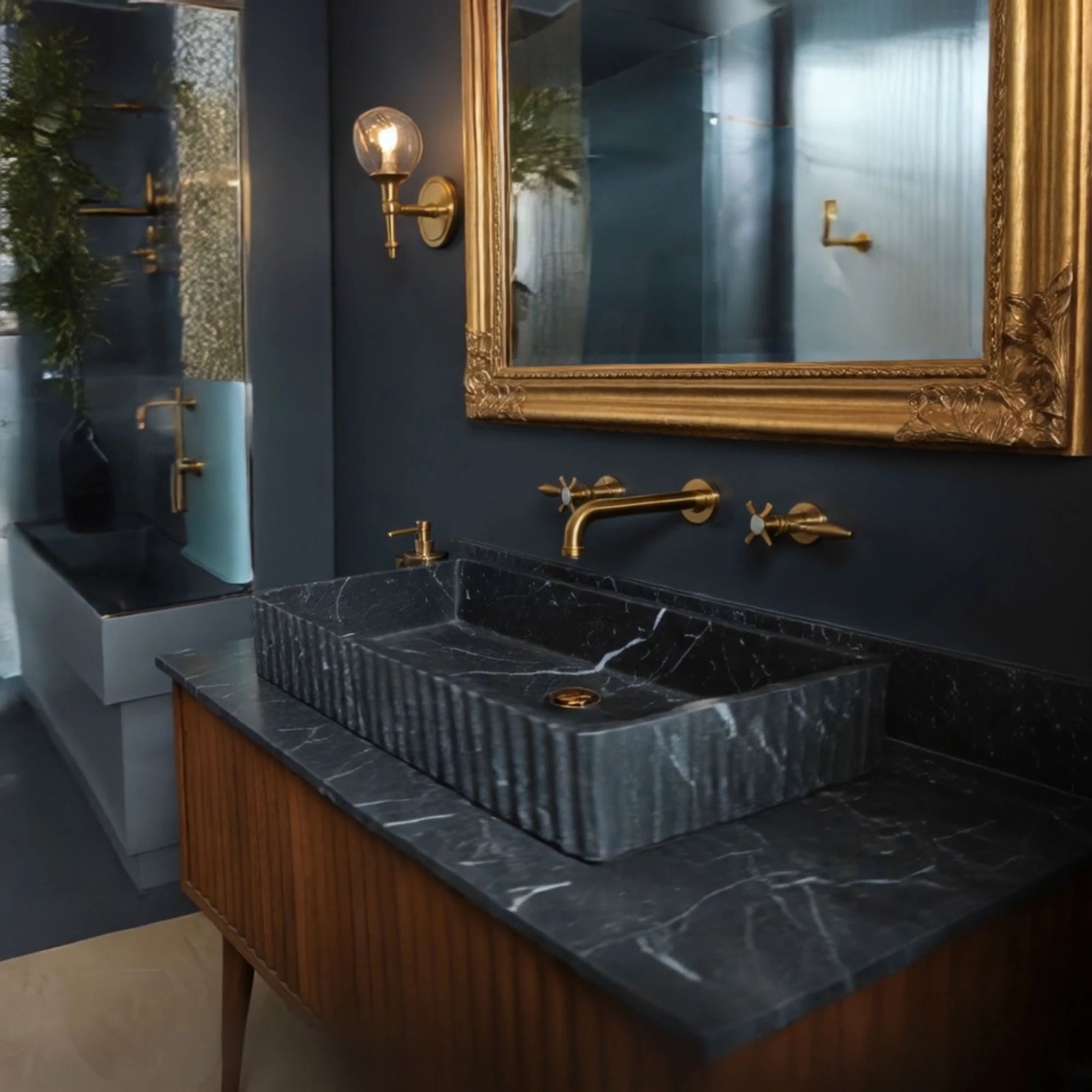 elegant sink cabinet in black marble fluted style