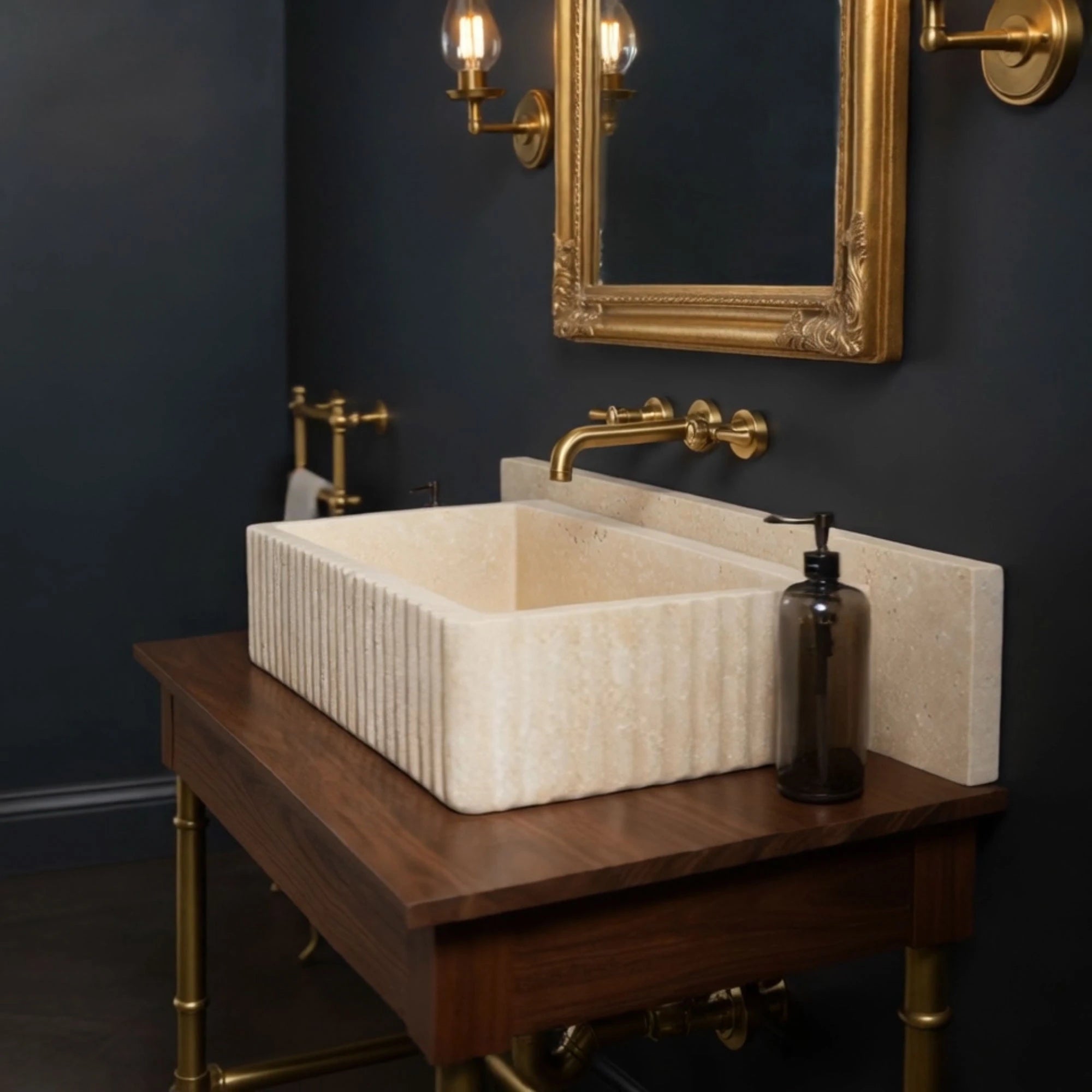 elegant travertine sink fluted front straight edge