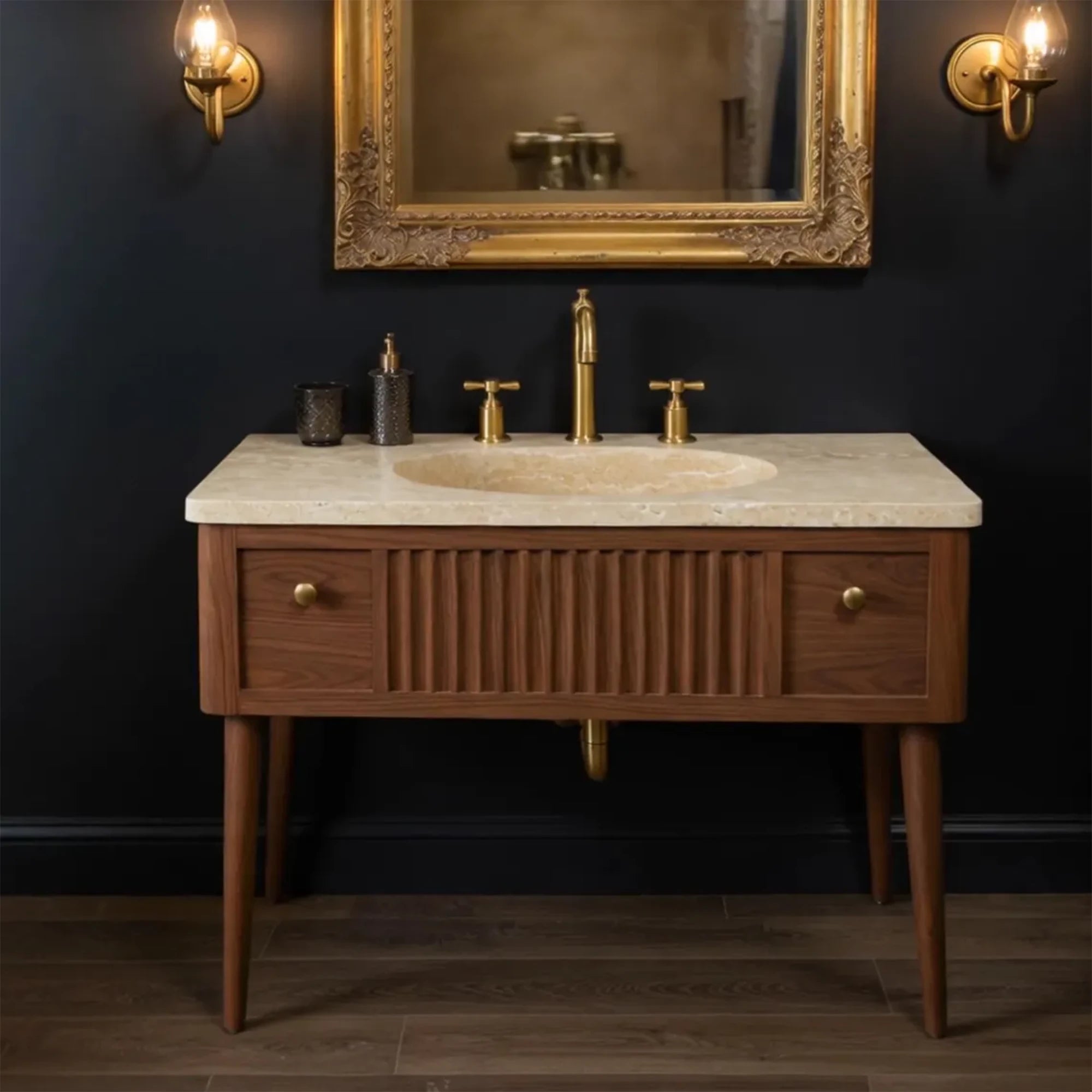elegant walnut vanity with fluted marble basin for luxury bathrooms