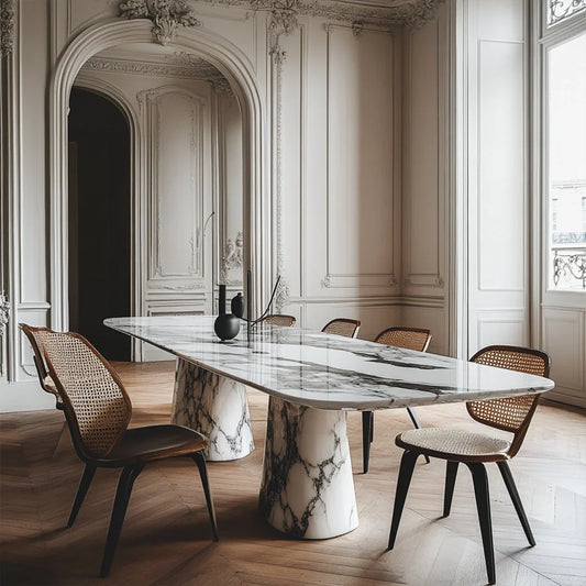 elongated marble pedestal dining table