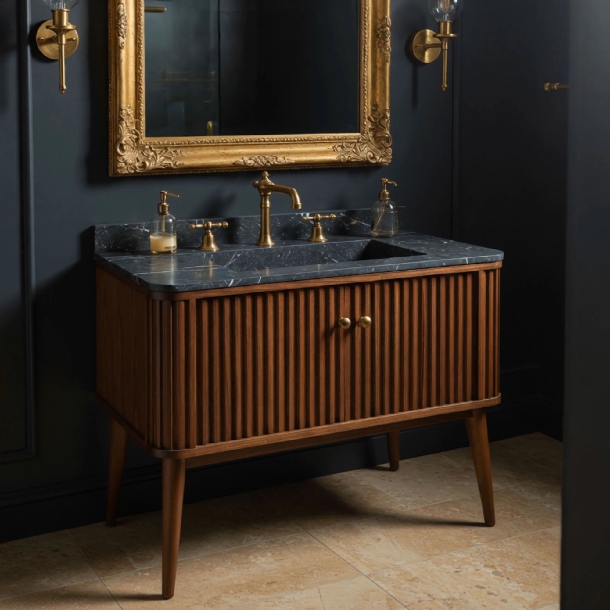 fluted black marble sink with furnished