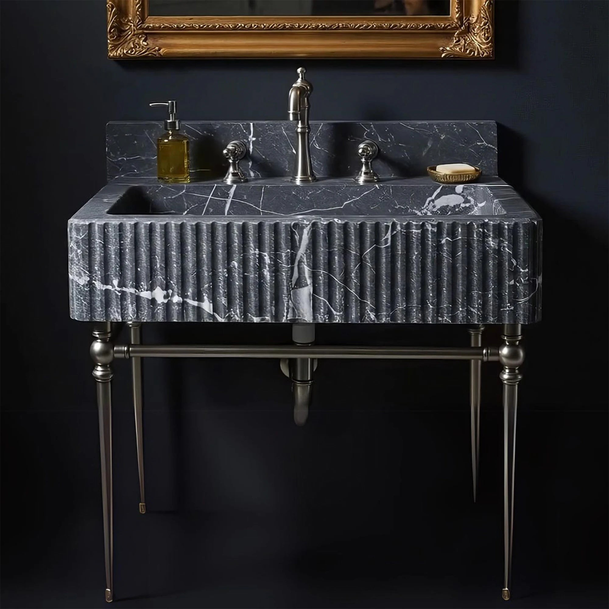 fluted black marble vanity sink with gold hardware