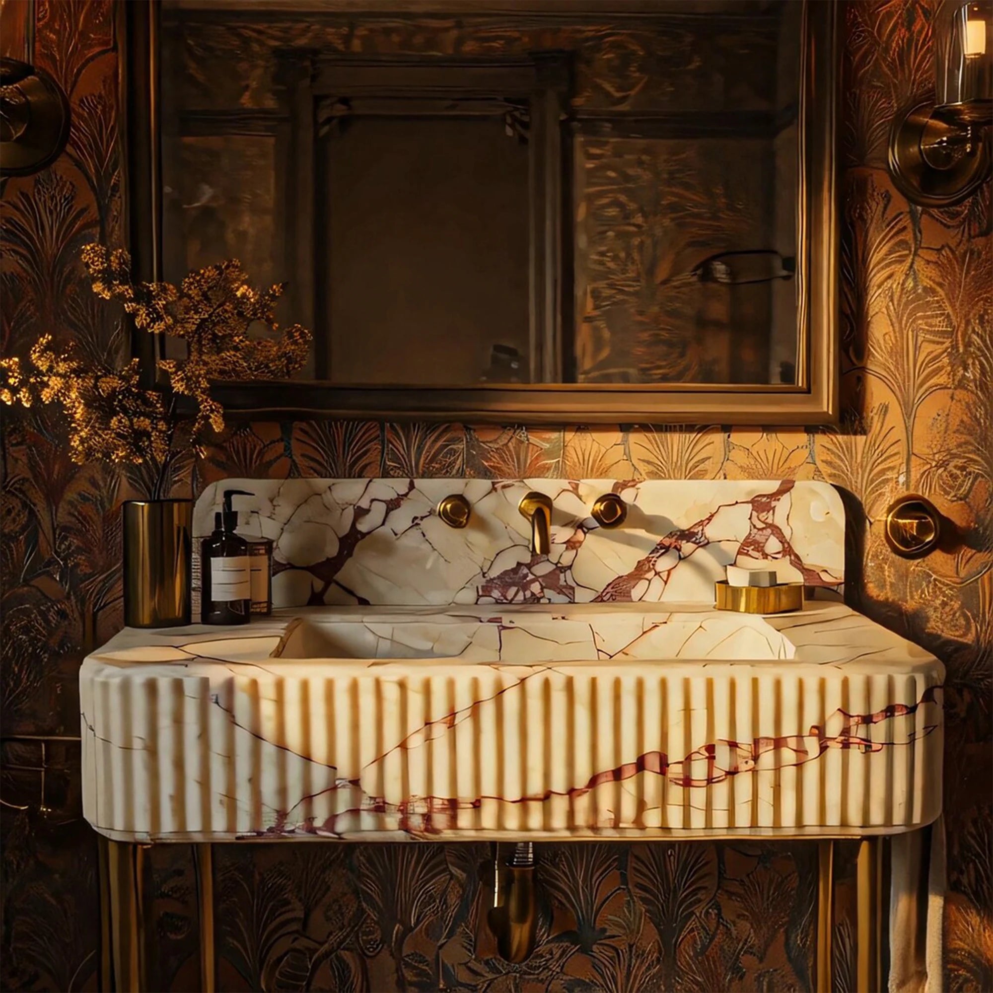 fluted calacatta viola marble basin on metal base