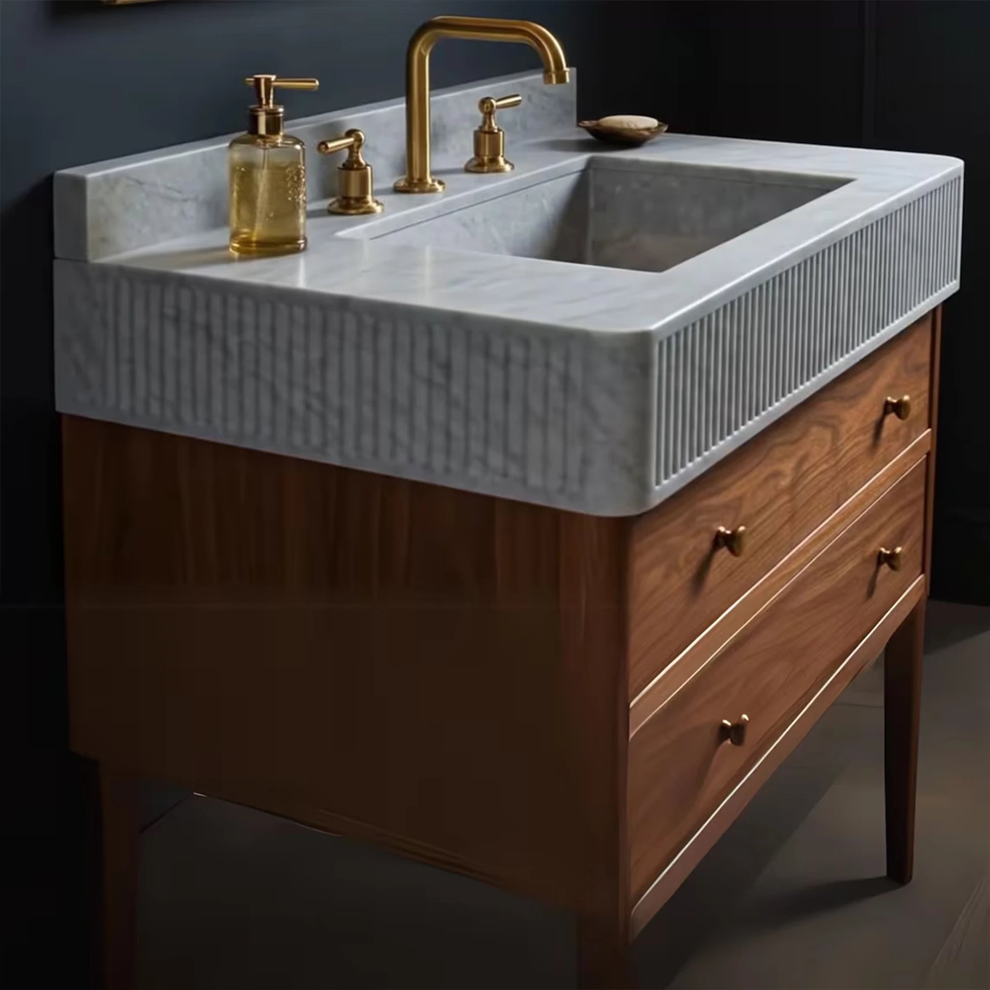 fluted carrara marble sink with walnut vanity set