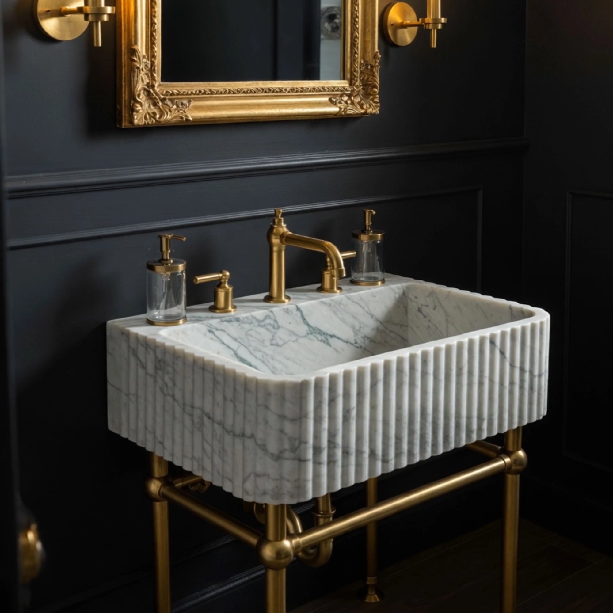 fluted carrara marble trough sink for double vanity