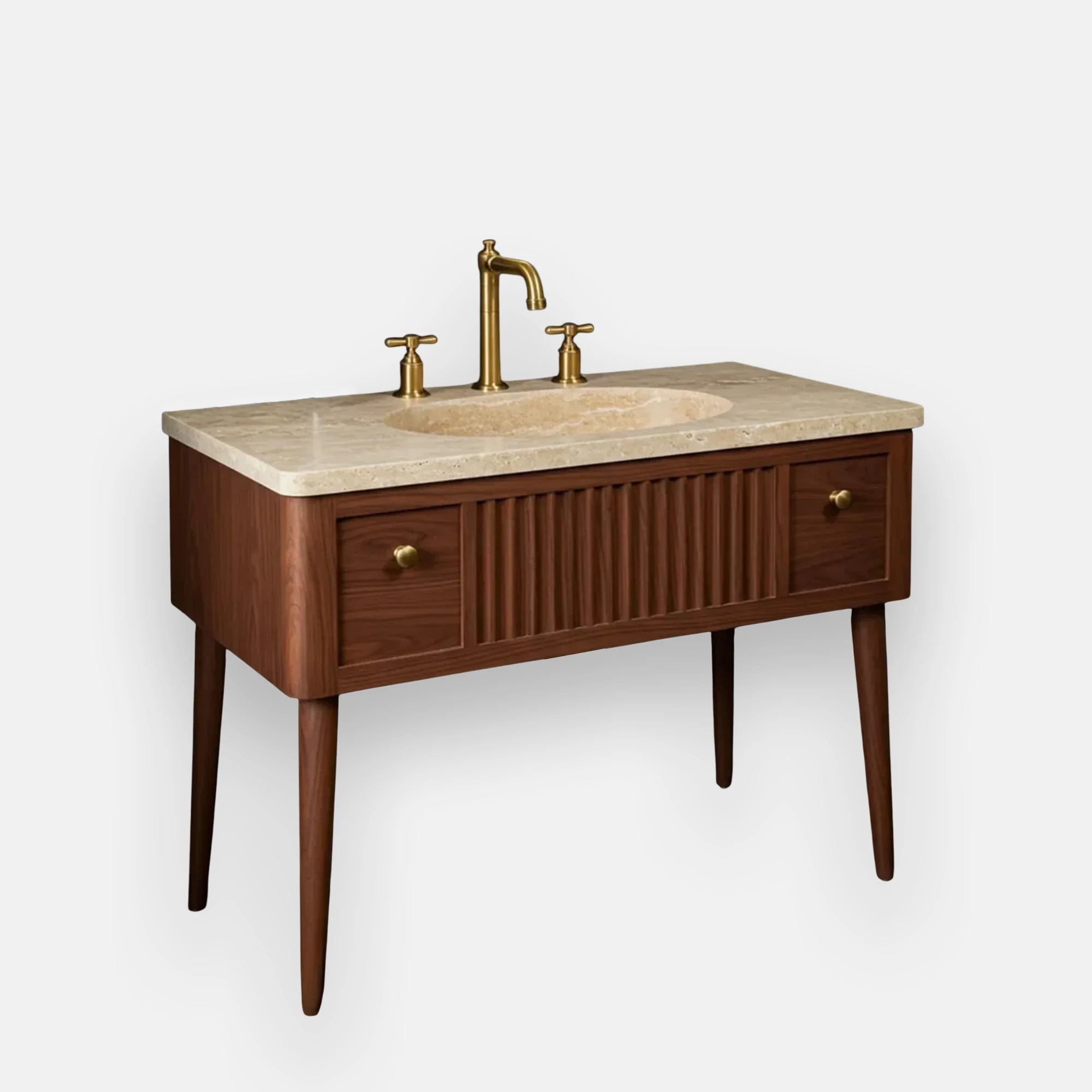 Fluted marble sink with oak vanity in a mid-century console style, featuring warm wood cabinet and elegant marble top for luxurious bathroom décor.