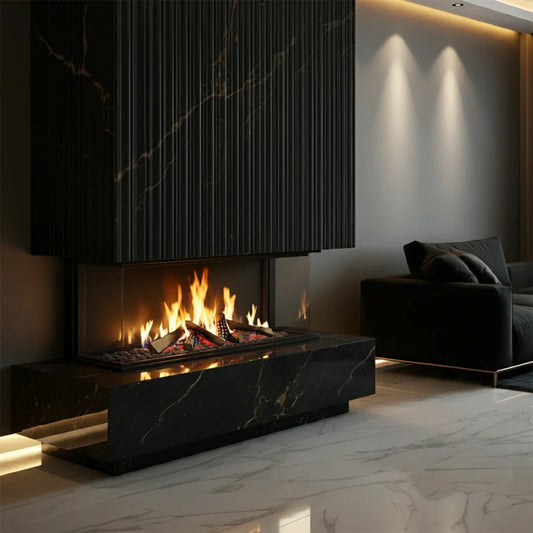 fluted marble tv console with fireplace