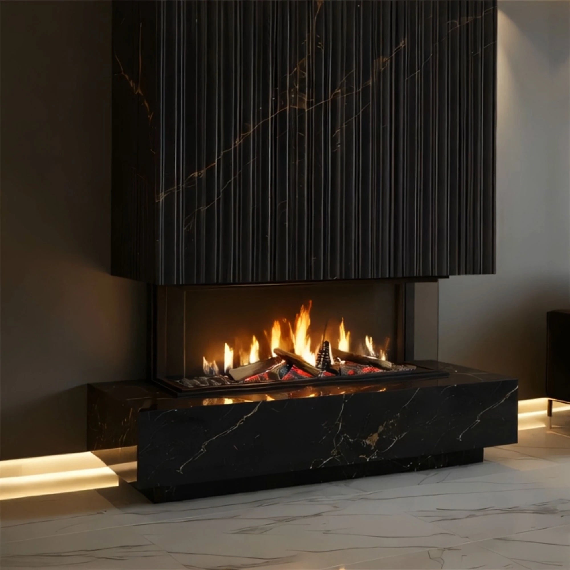 fluted marble tv console with fireplace