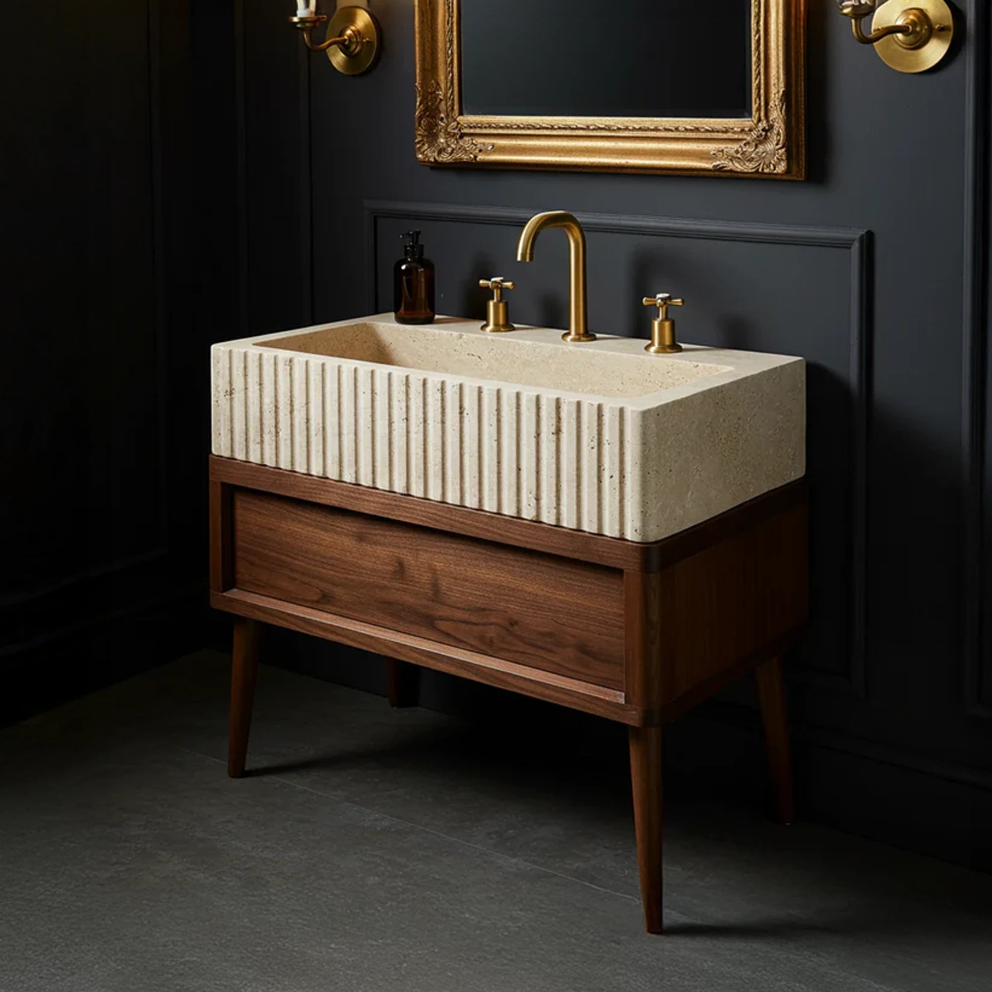 fluted travertine sink on walnut vanity