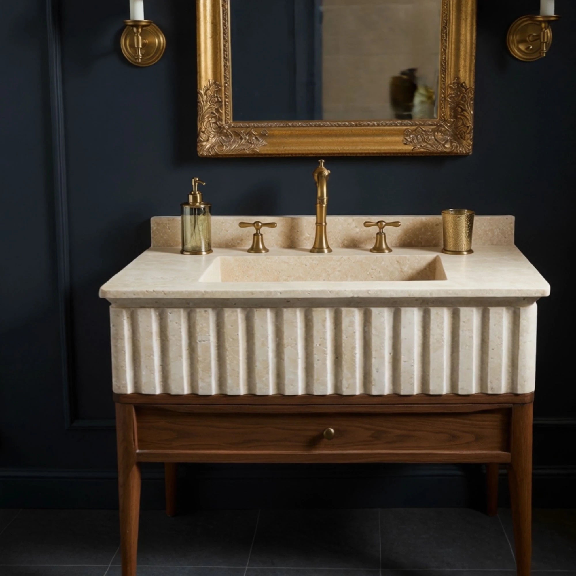 fluted travertine sink with beveled edge design
