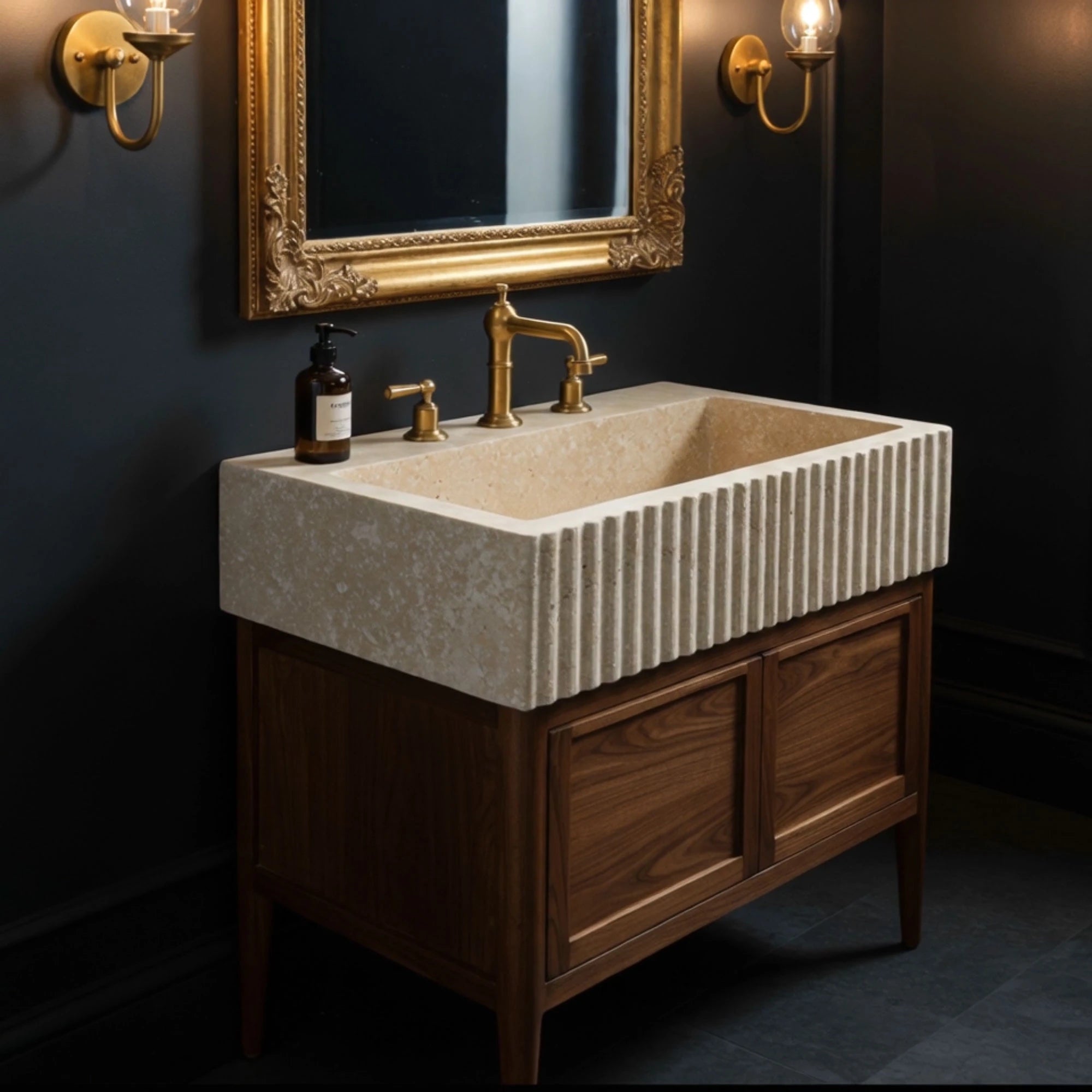 fluted travertine sink with double door cabinet
