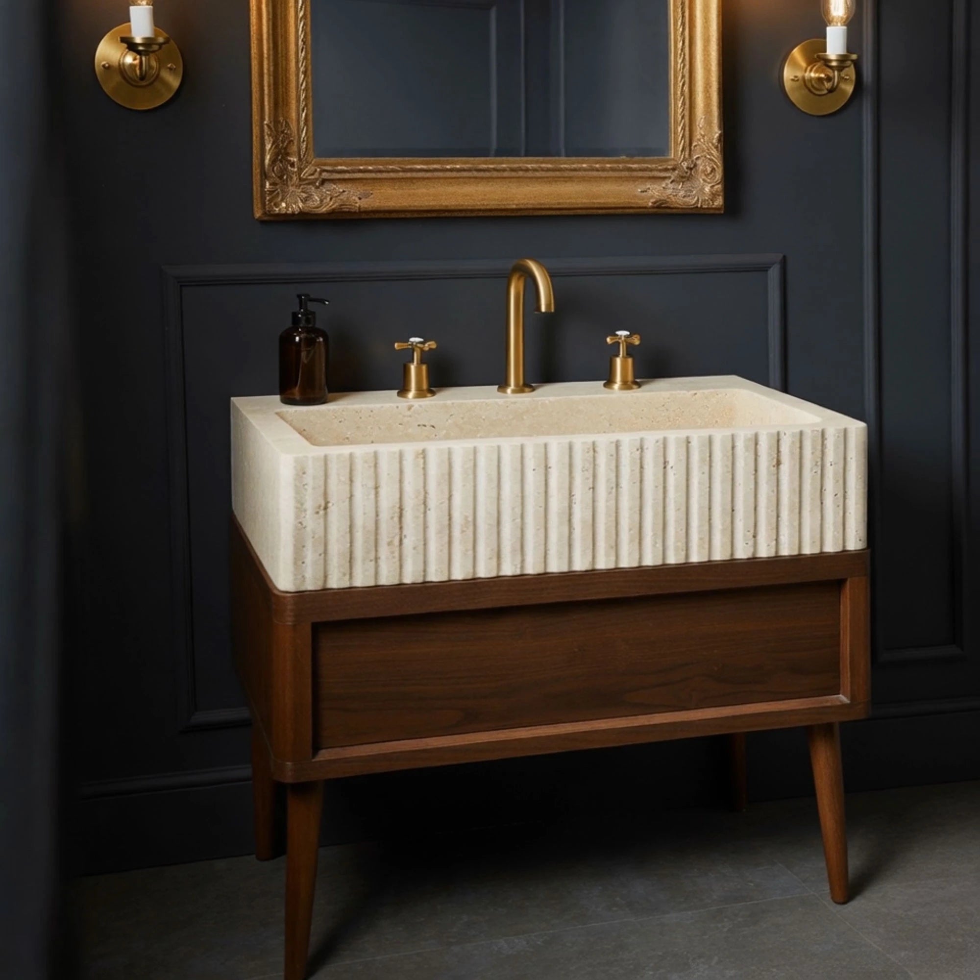 fluted travertine sink with mid century modern style