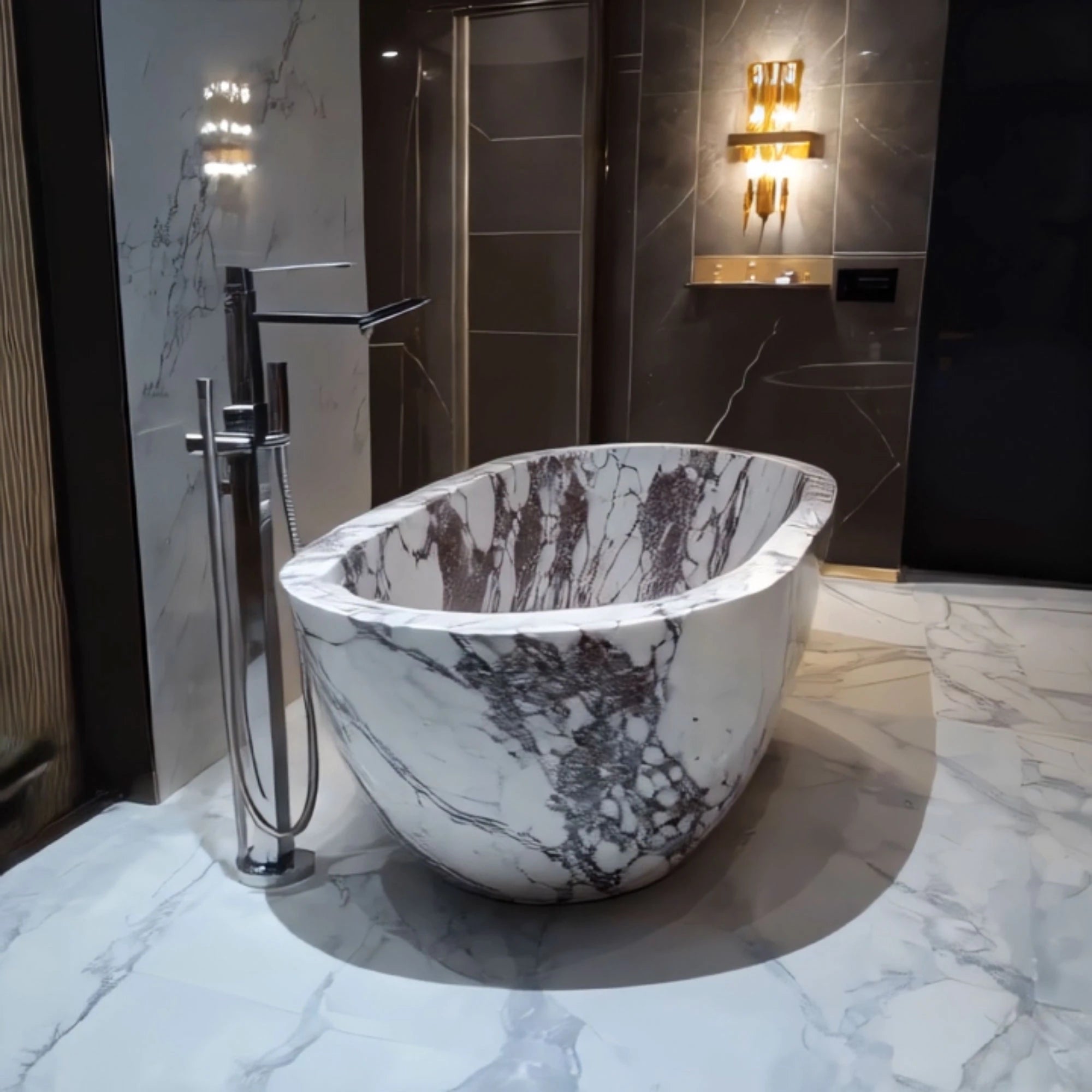 This image shows a freestanding Marble Majesty bathtub with dramatic natural veining, bringing timeless beauty to modern bathrooms.