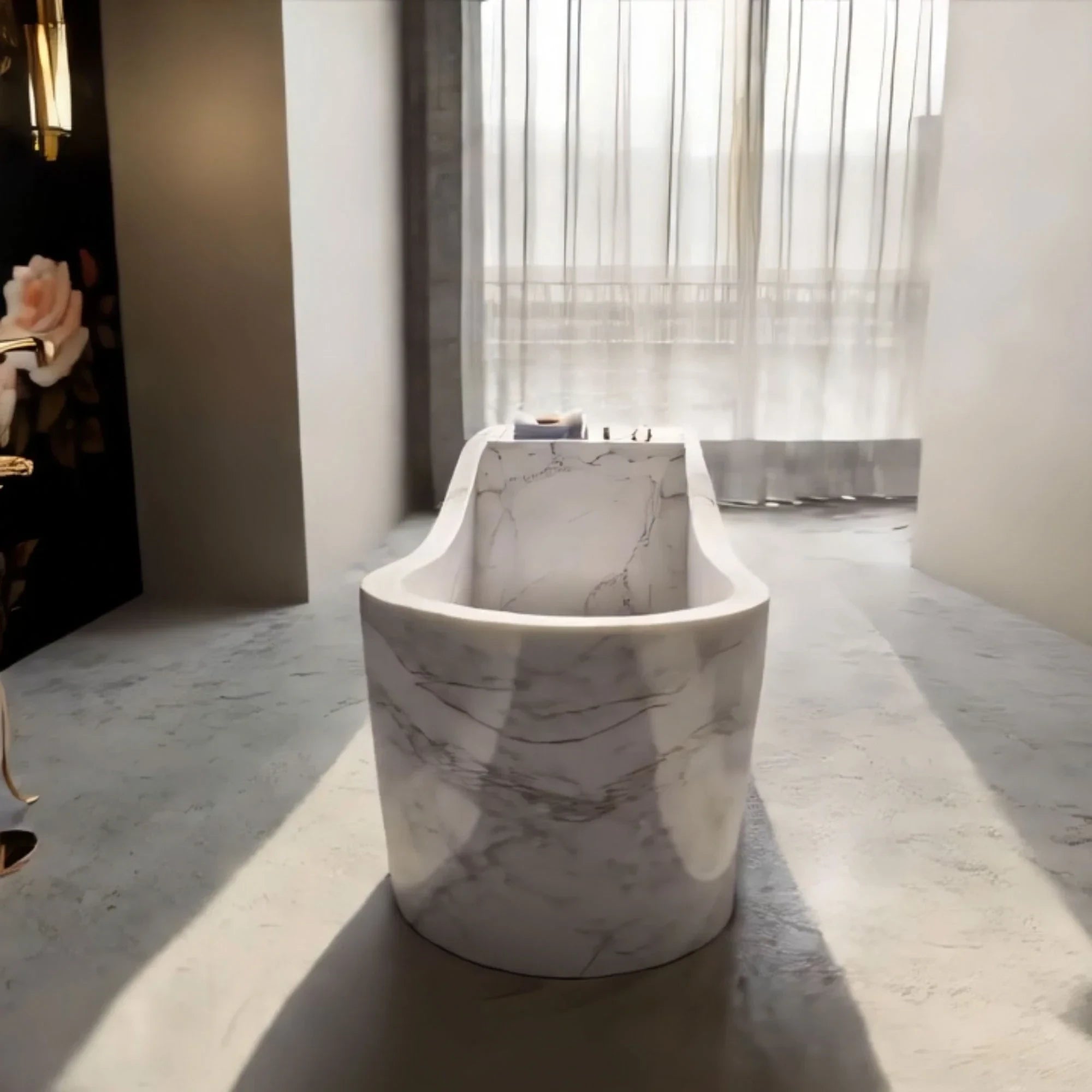 This image shows a freestanding marble bathtub with striking veining, blending natural artistry with contemporary spa design.