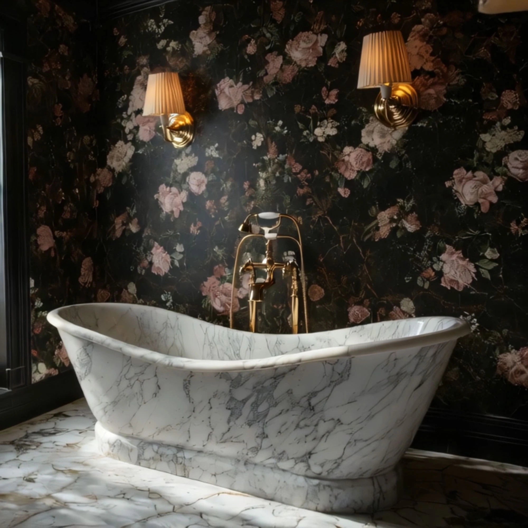 This image shows a freestanding Noir stone bathtub in marble, blending natural beauty with a timeless spa-inspired atmosphere.