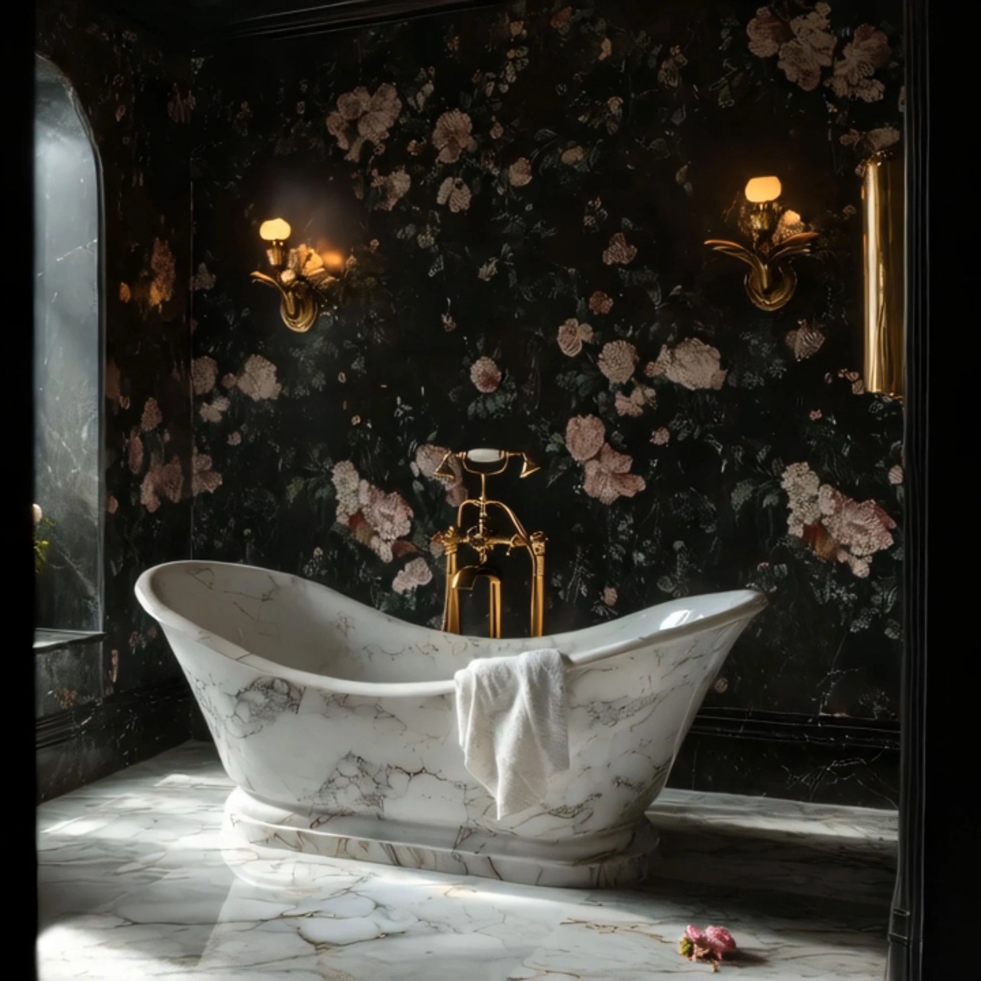 This image presents a freestanding stone bathtub in marble, combining sculptural beauty with a luxurious spa-inspired bathroom style.