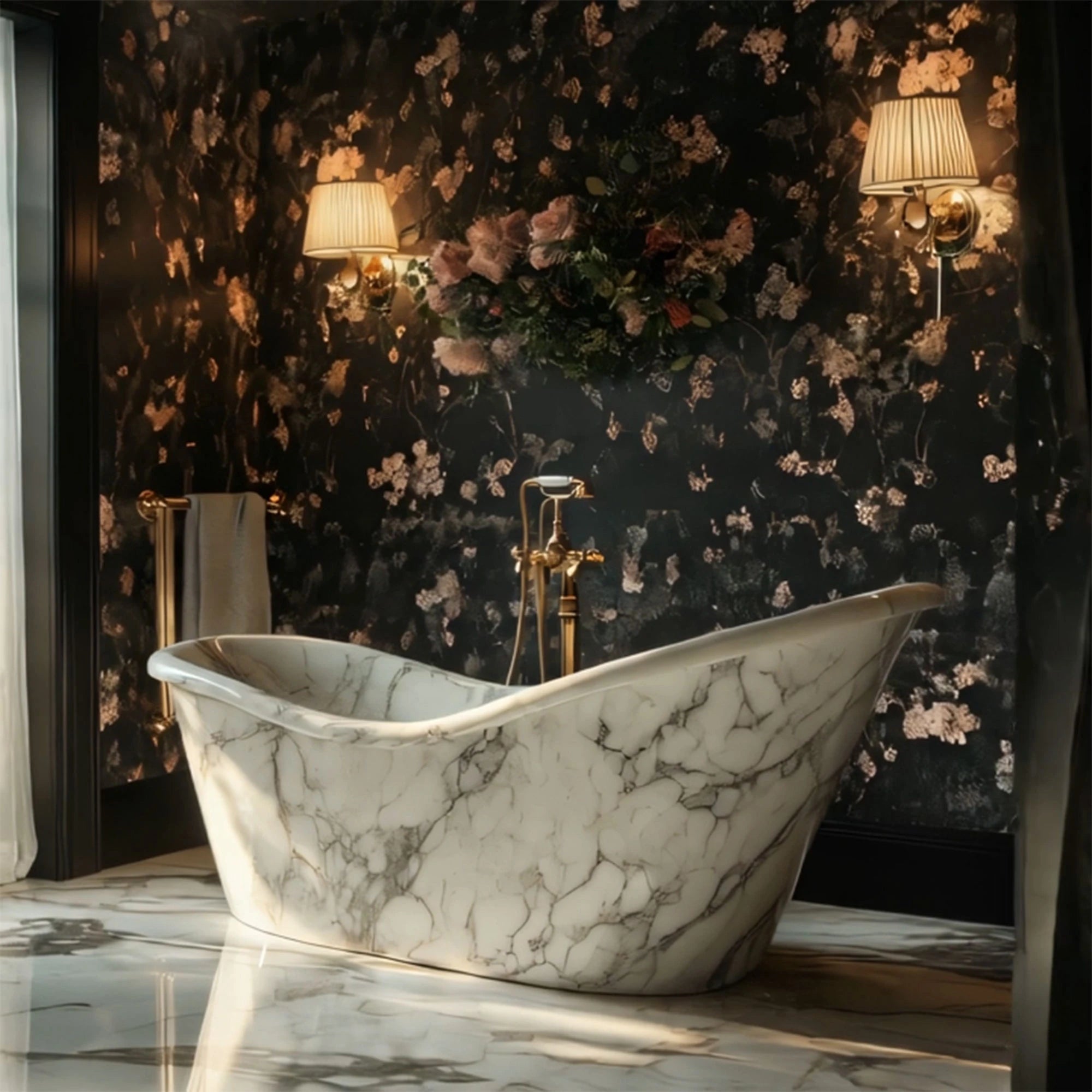 This image presents a freestanding stone bathtub in marble, featuring delicate veining and graceful contours for a refined spa atmosphere.