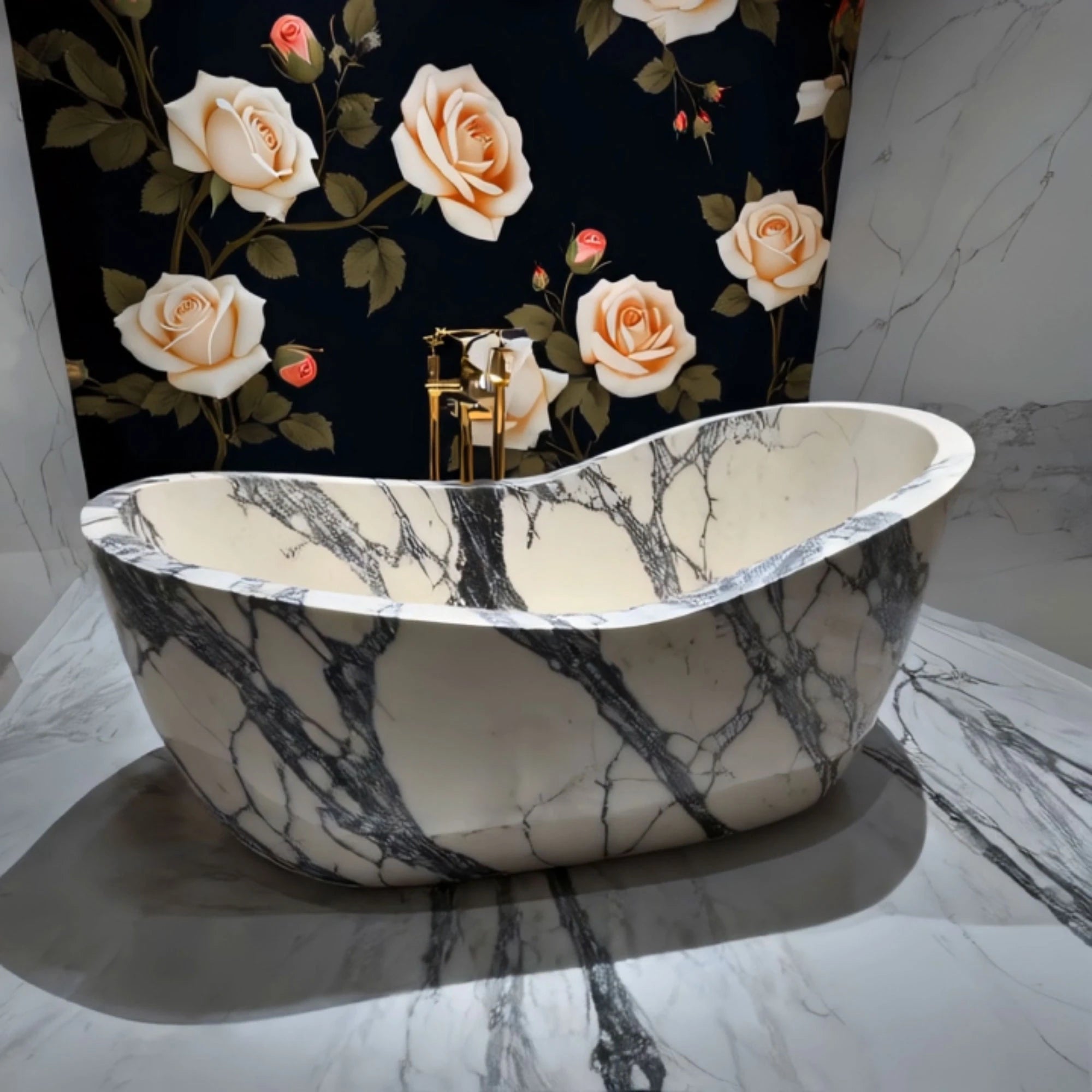 This image presents a freestanding marble bathtub with rich veining, crafted to bring timeless elegance to contemporary bathroom spaces.