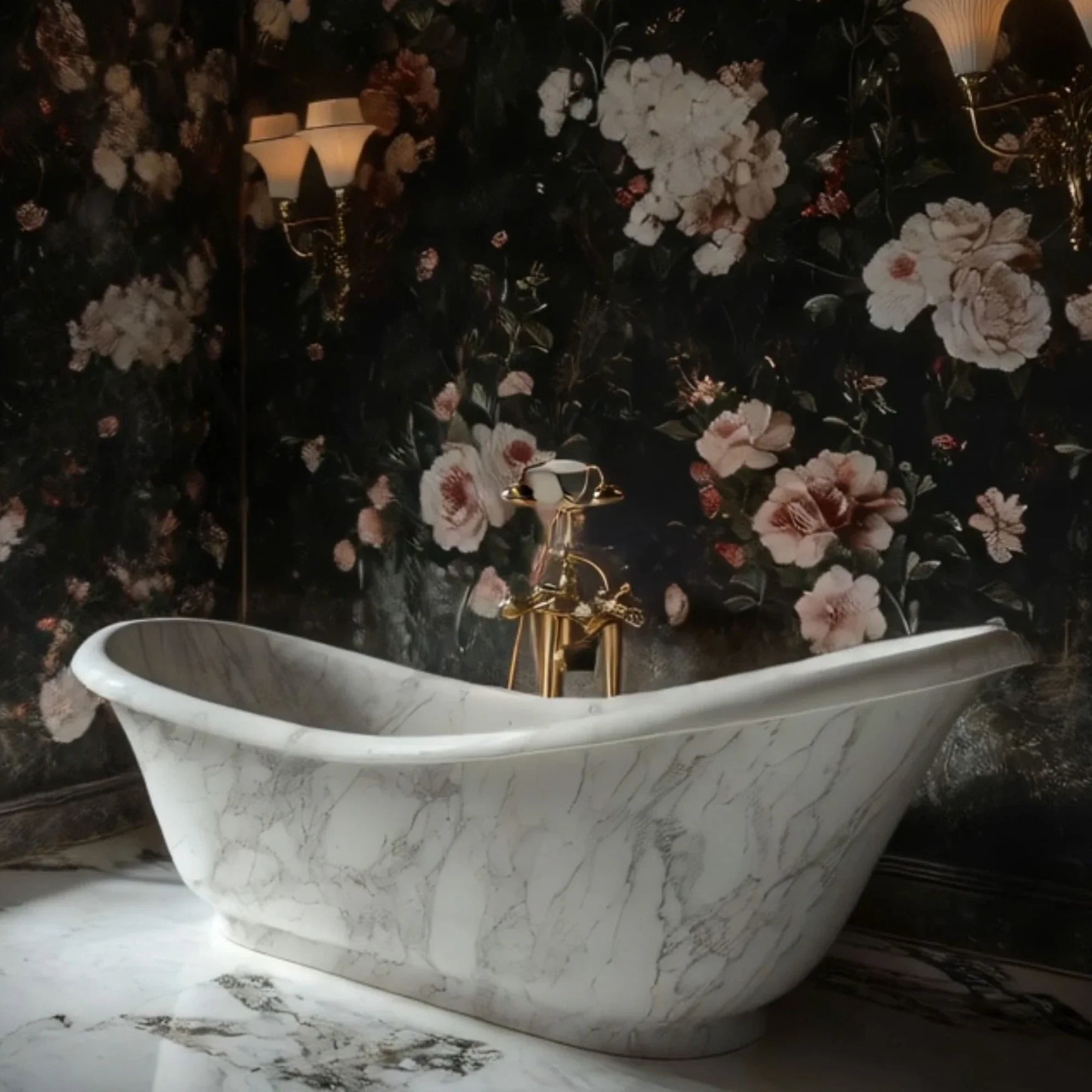 This image shows a freestanding marble bathtub in a vintage design, crafted with smooth curves and subtle veining.