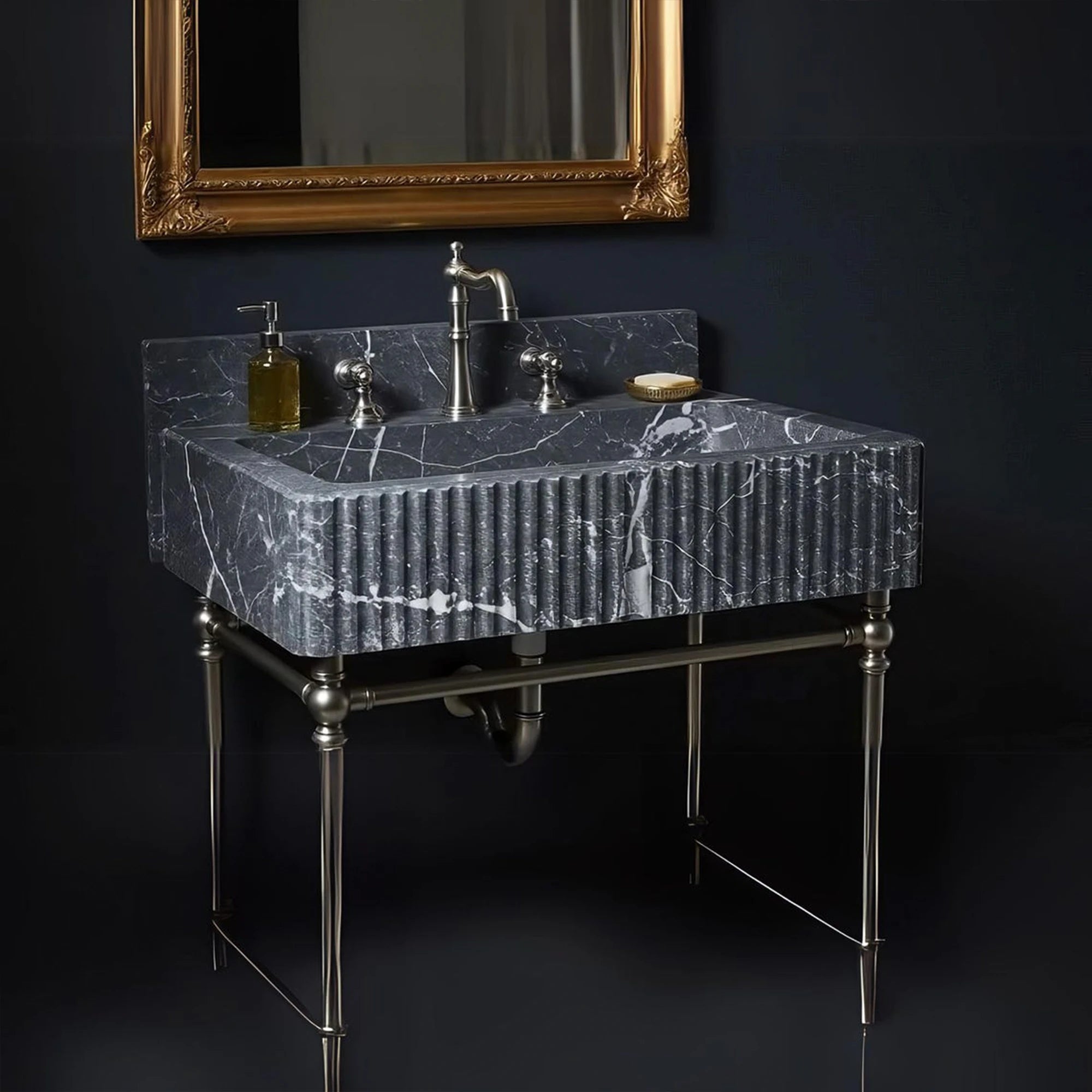 gold hardware black fluted marble bathroom vanity