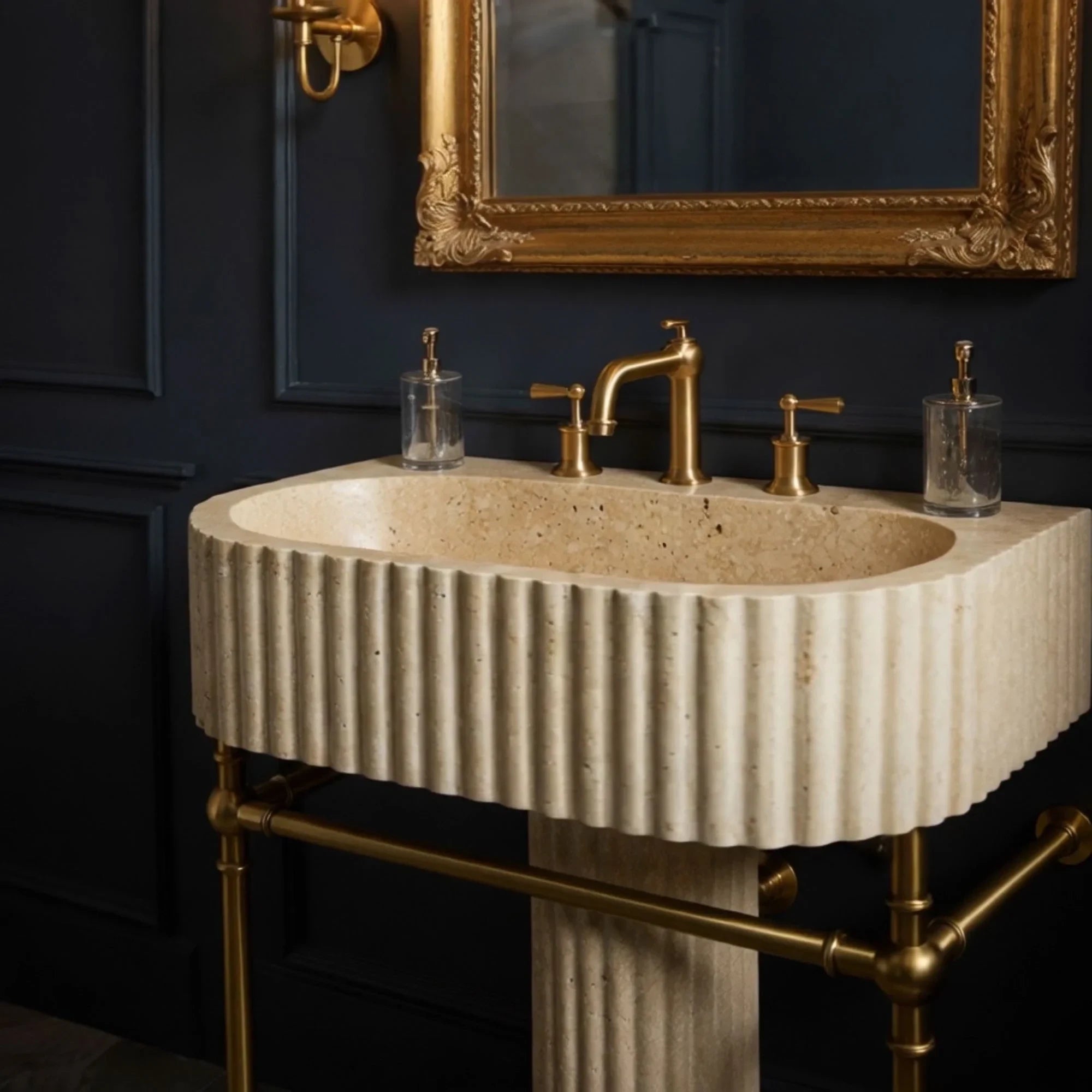 hand carved cylindrical travertine washstand