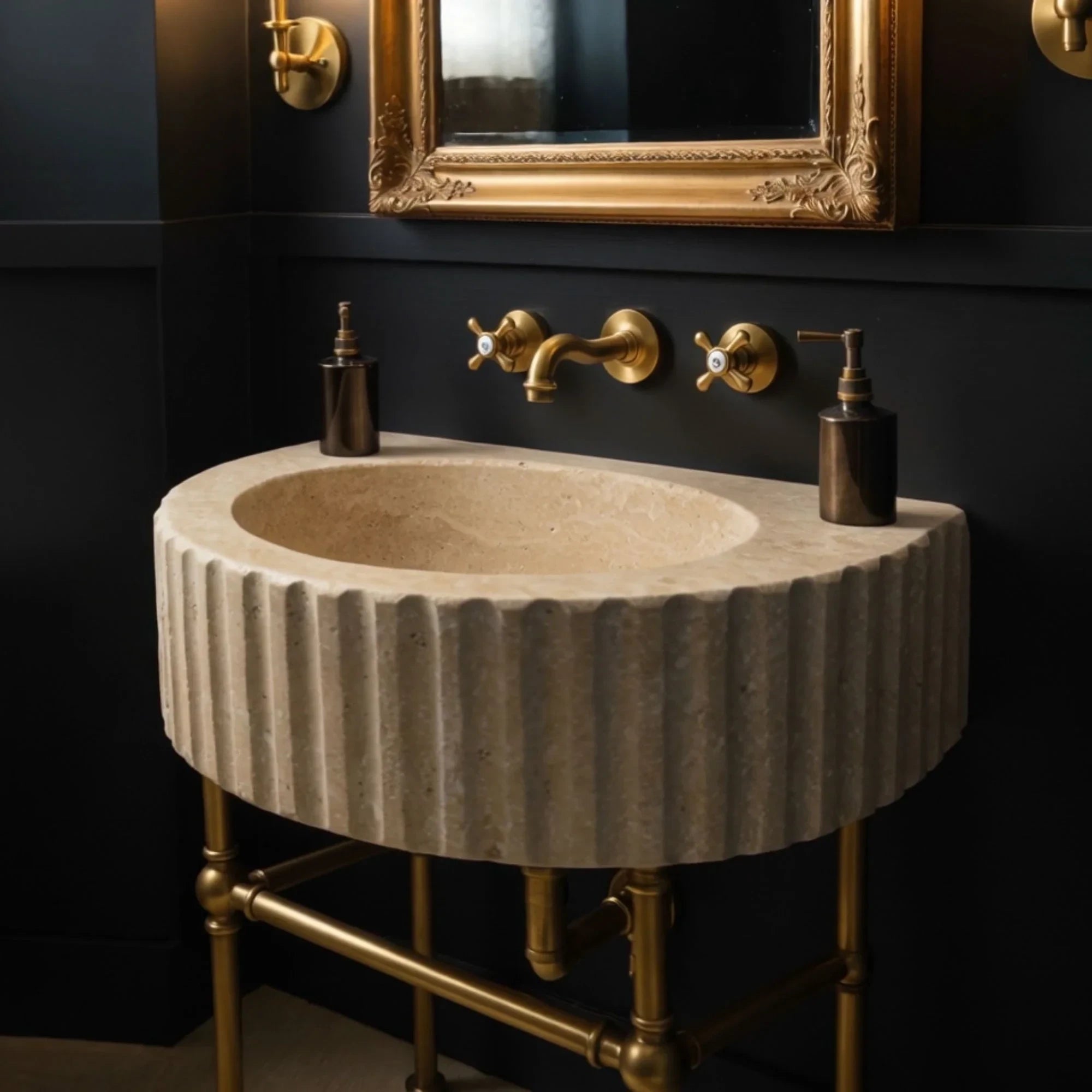 hand carved fluted travertine sink