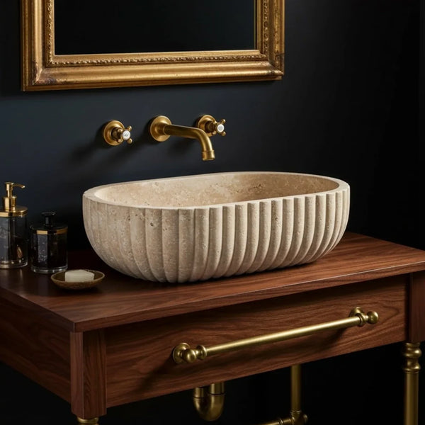Long Oval Fluted Travertine Sink hover