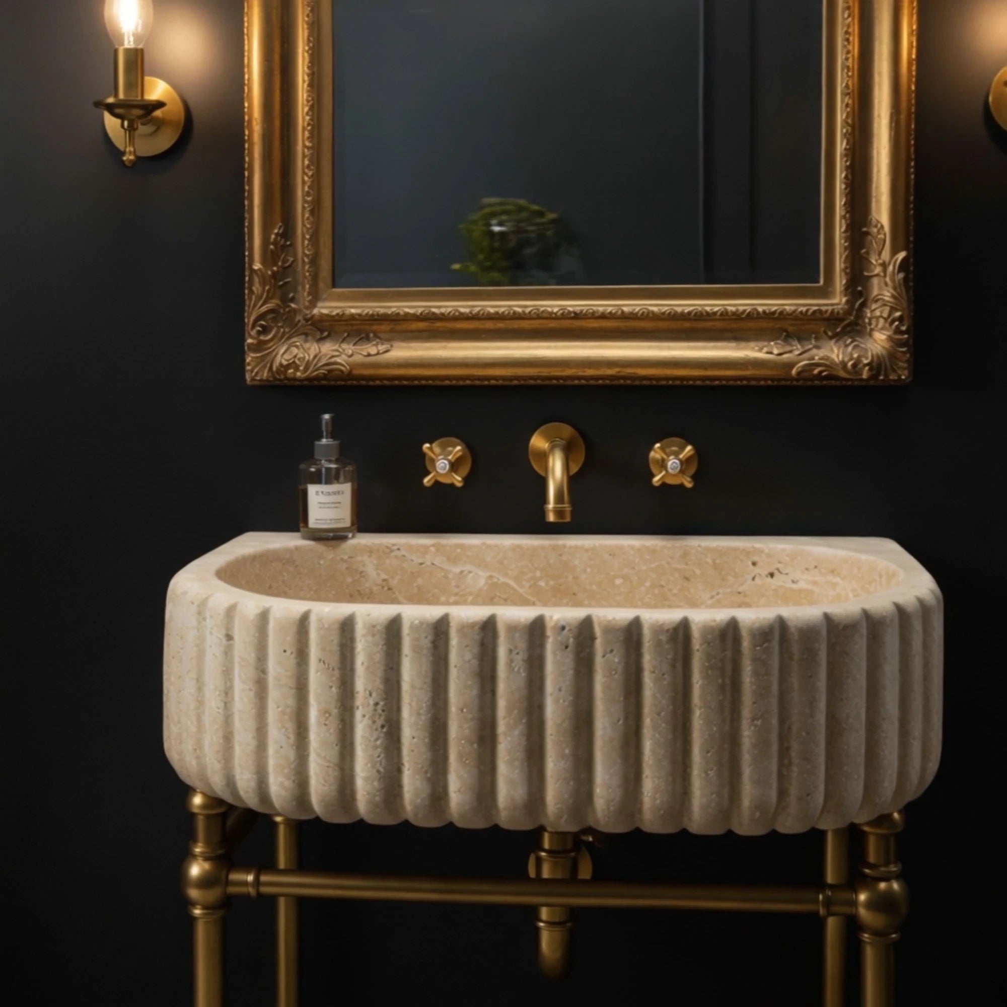 handcrafted travertine basin with textured finish