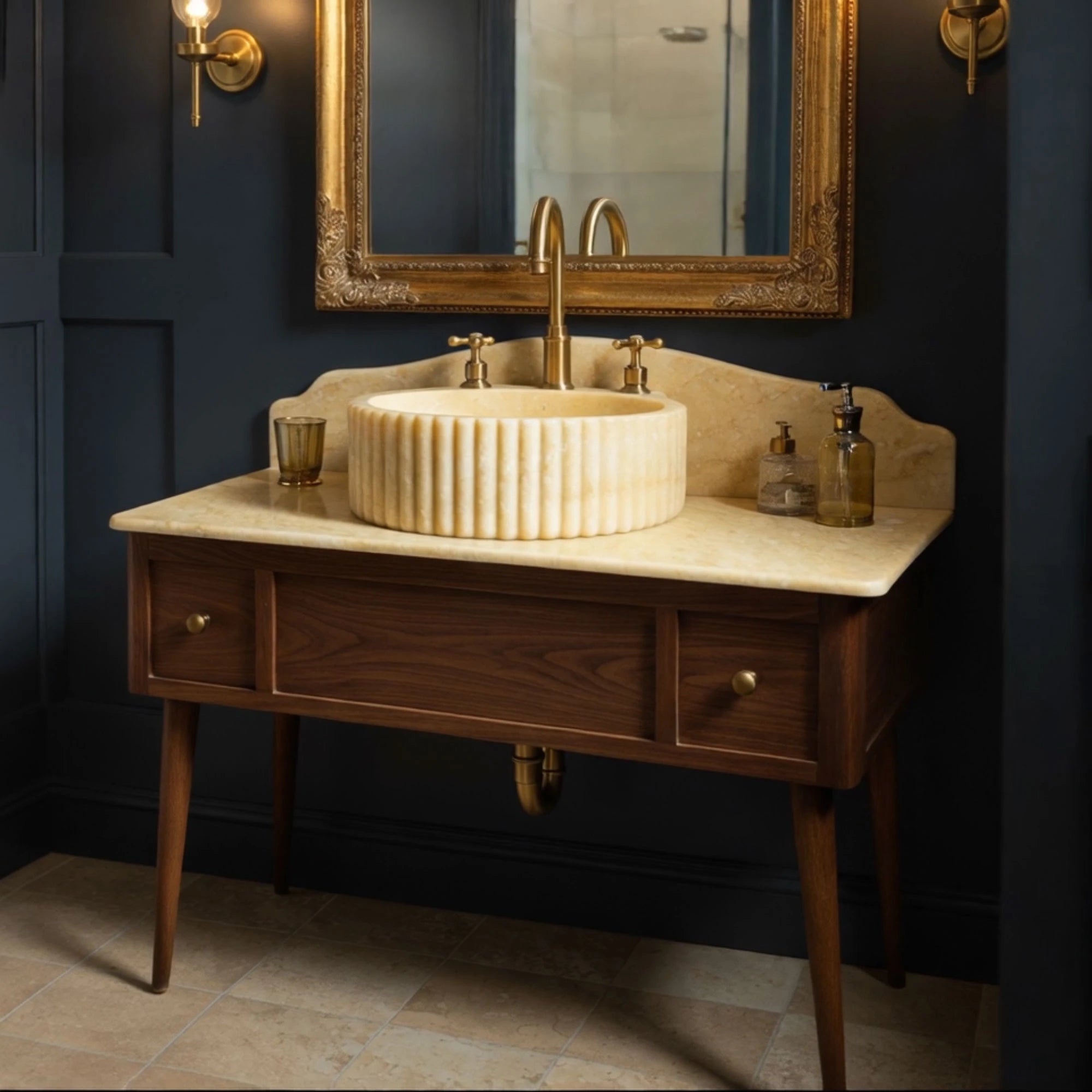 handcrafted yellow travertine round sink design