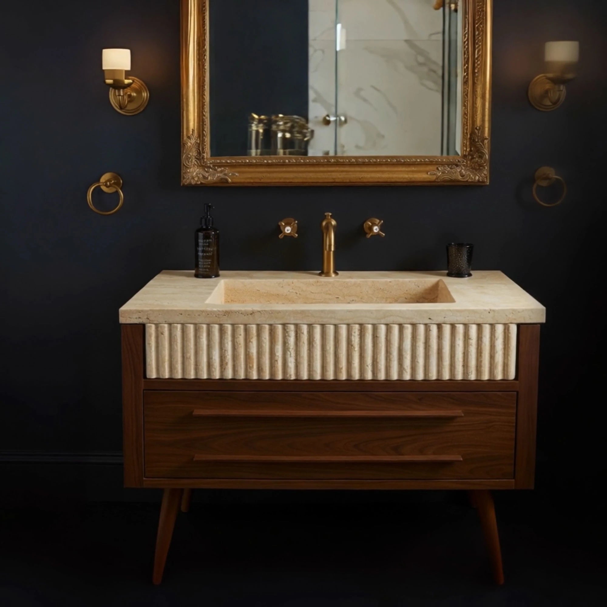 inset travertine sink with fluted front detail