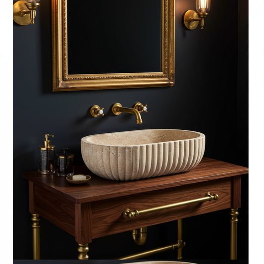 long oval fluted travertine sink