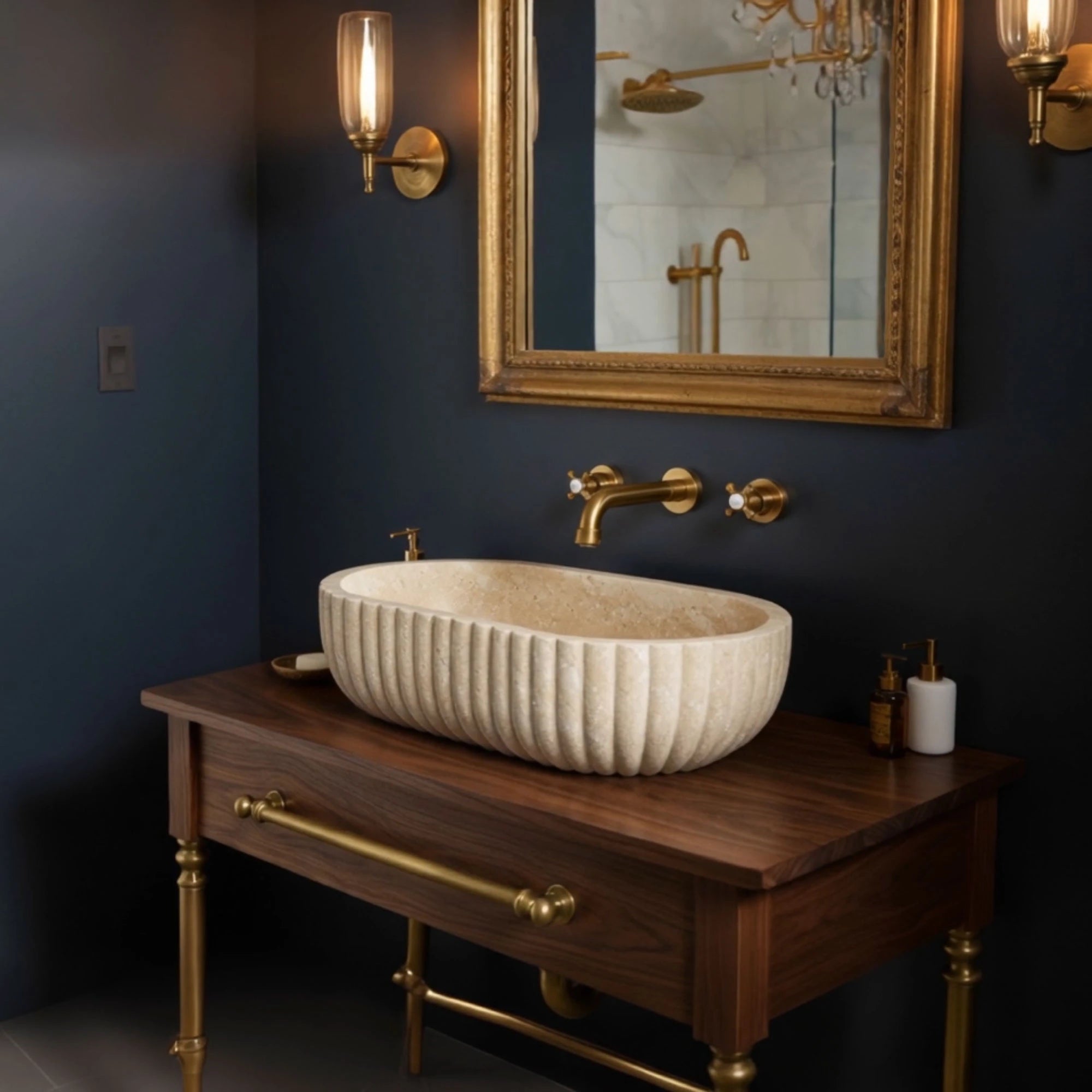 long oval fluted travertine sink
