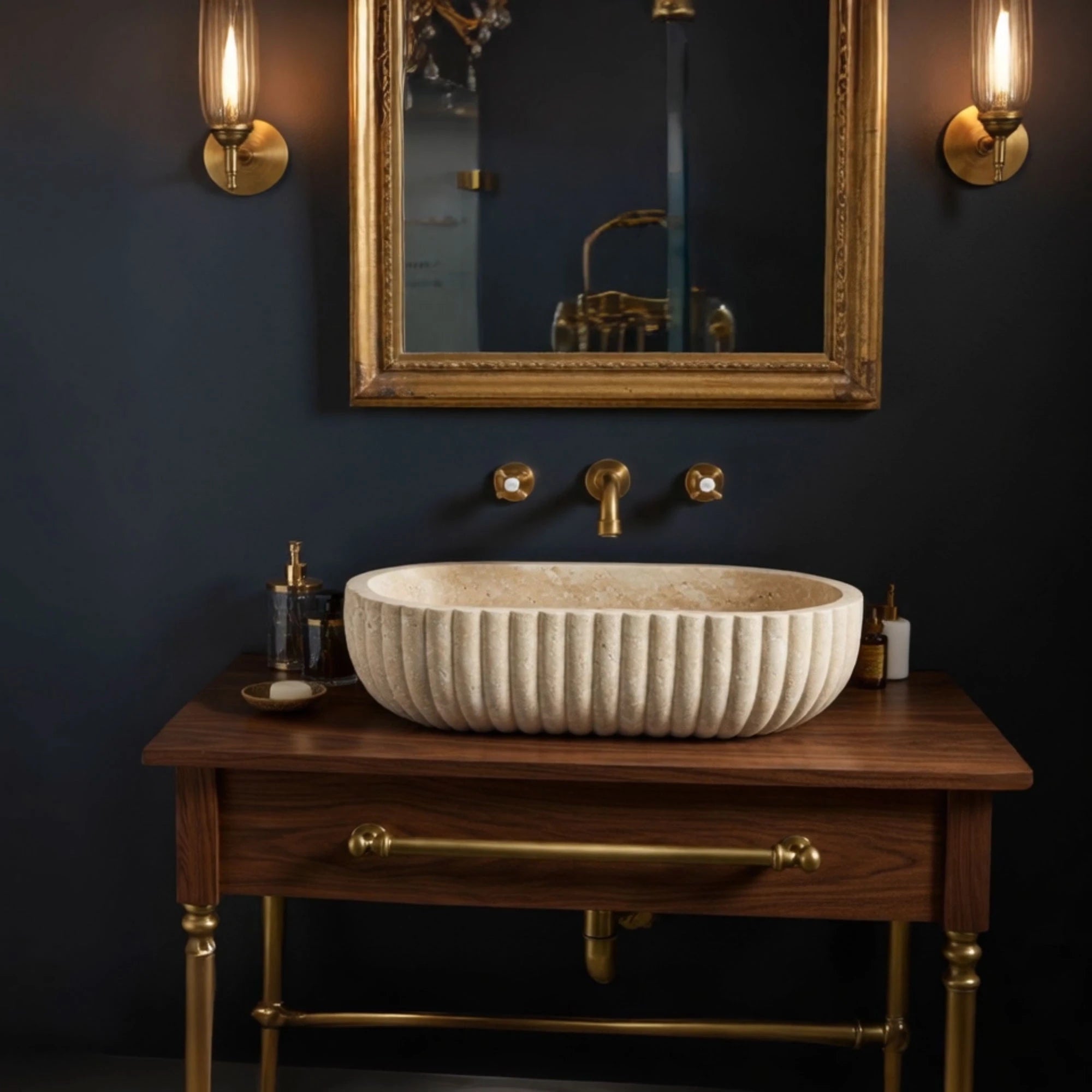 long oval sink fluted travertine natural stone
