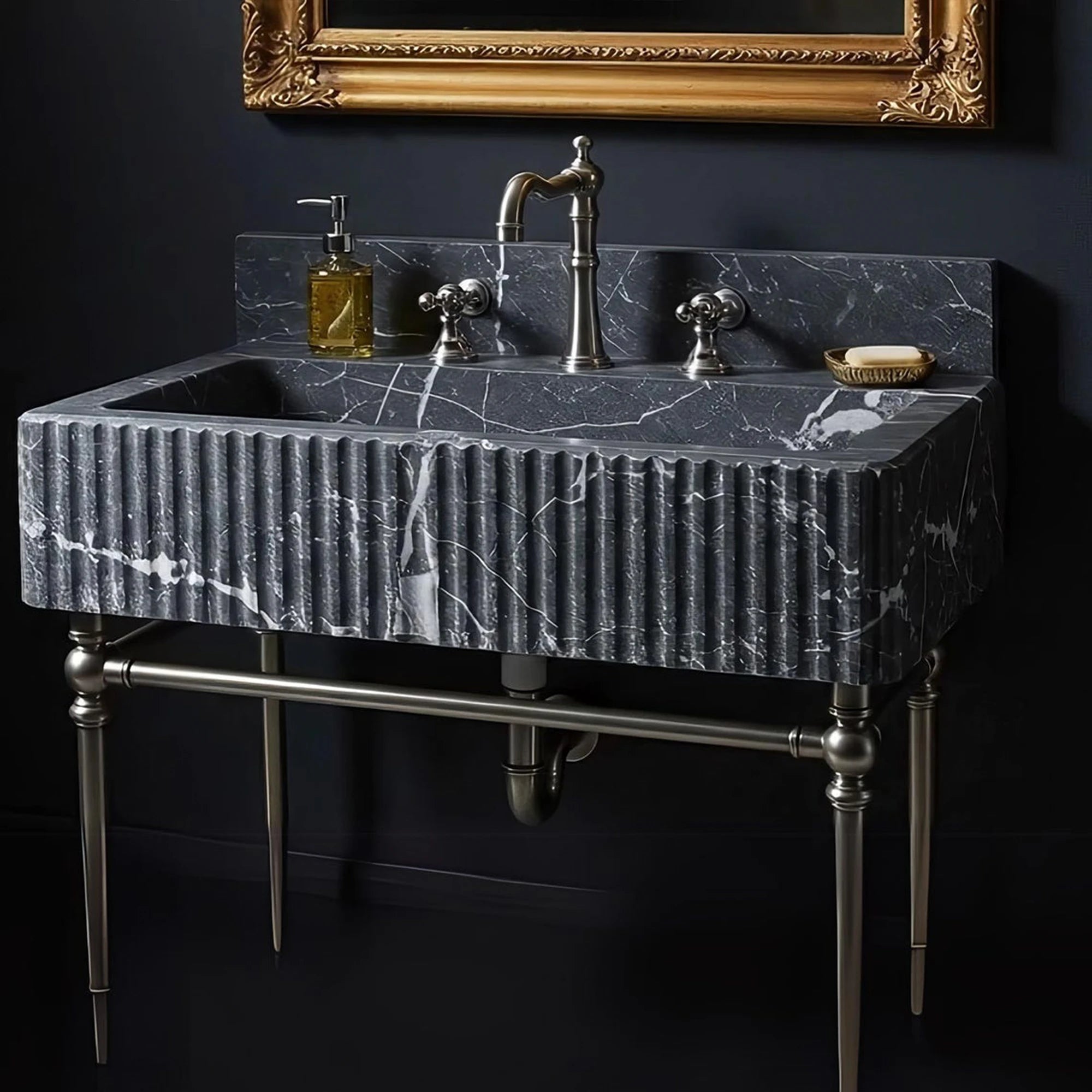 luxury black marble fluted vanity with gold accents