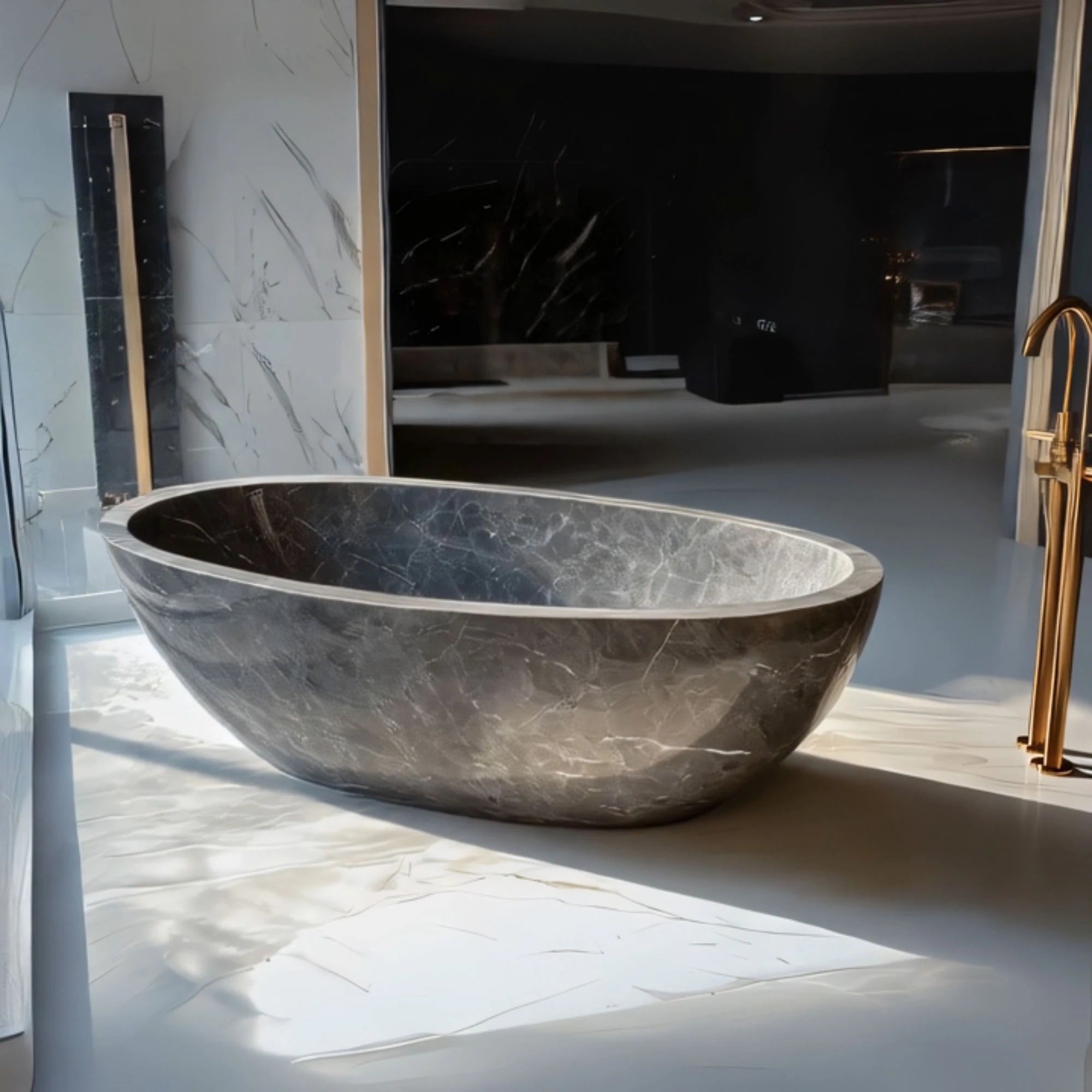 This image shows a luxury dark marble bathtub with elegant white patterns, designed to be the focal point of a contemporary bathroom.