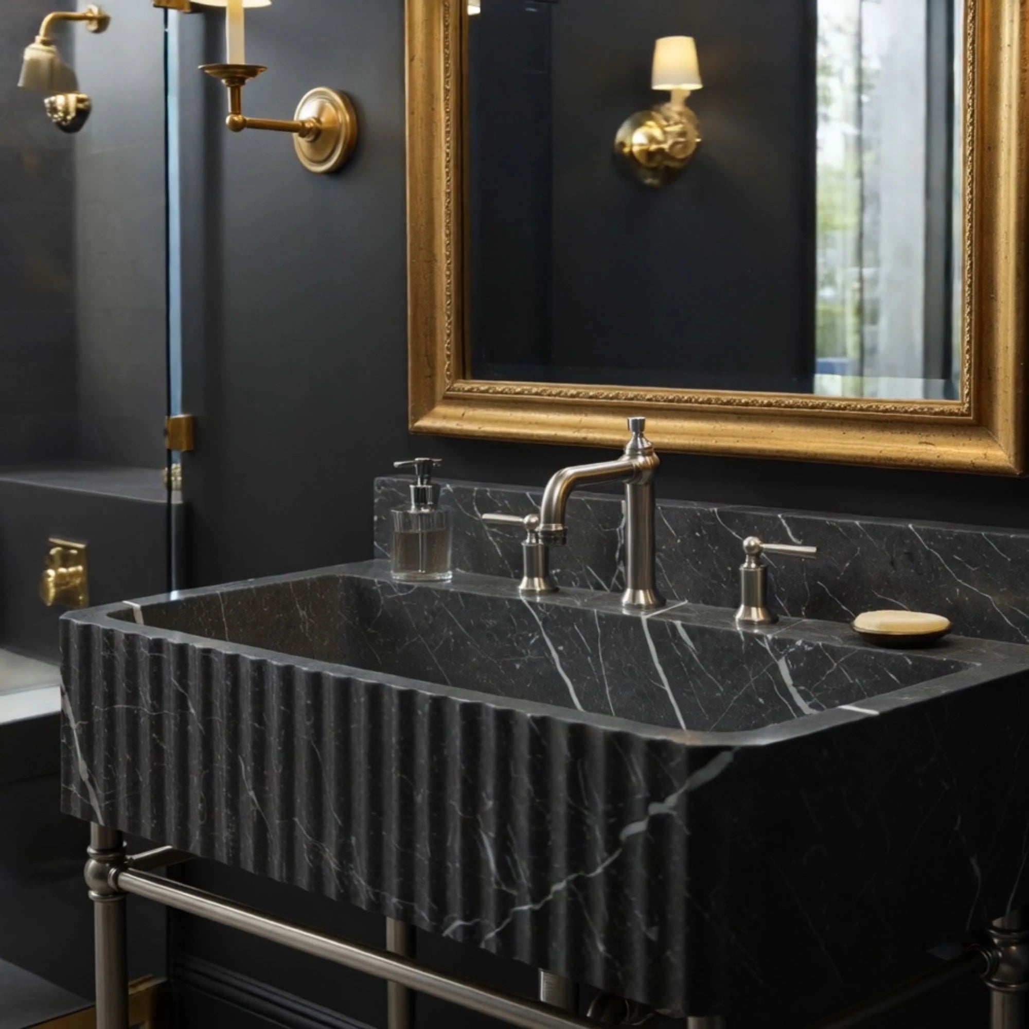 luxury fluted sink in dark veined marble