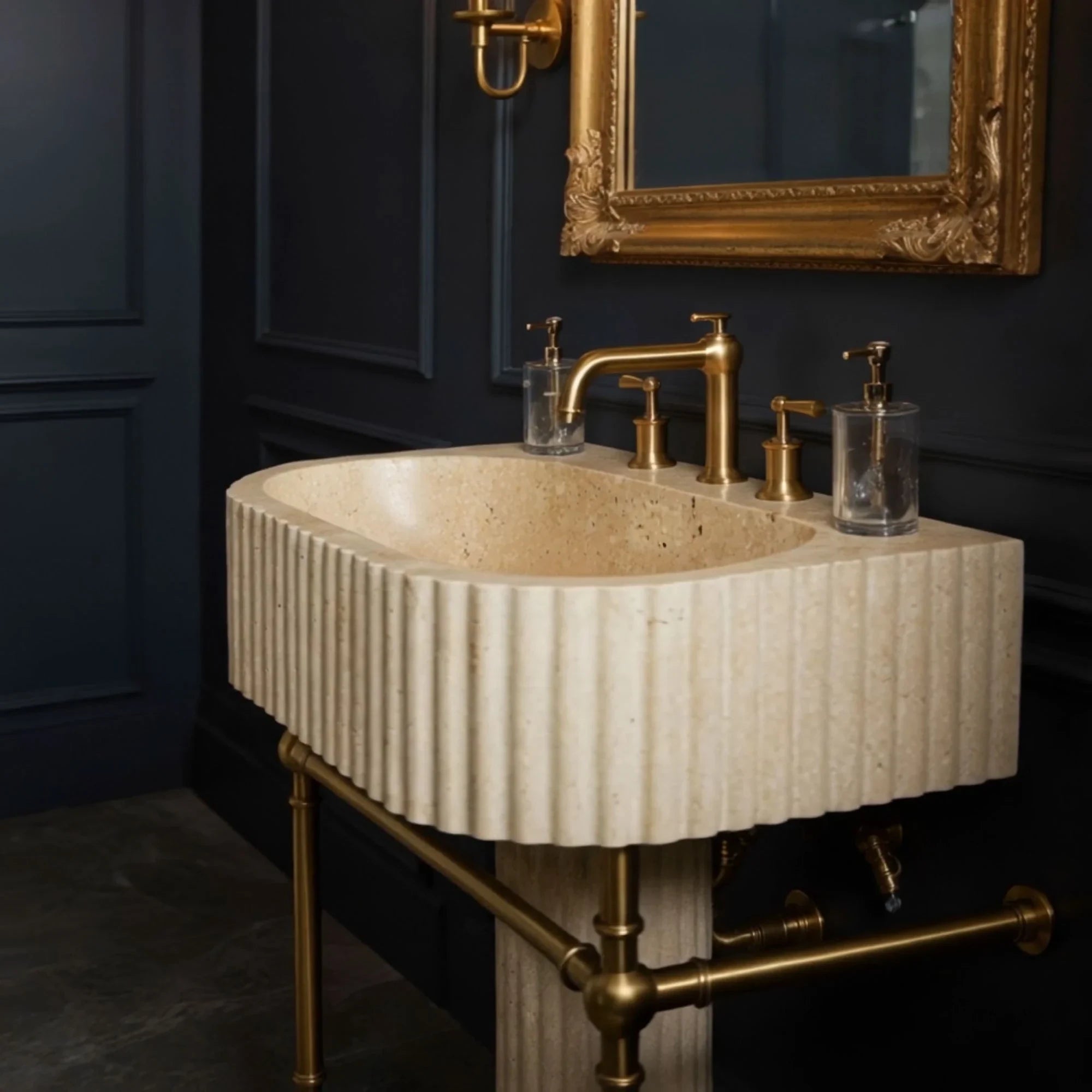 luxury minimalist travertine pedestal sink