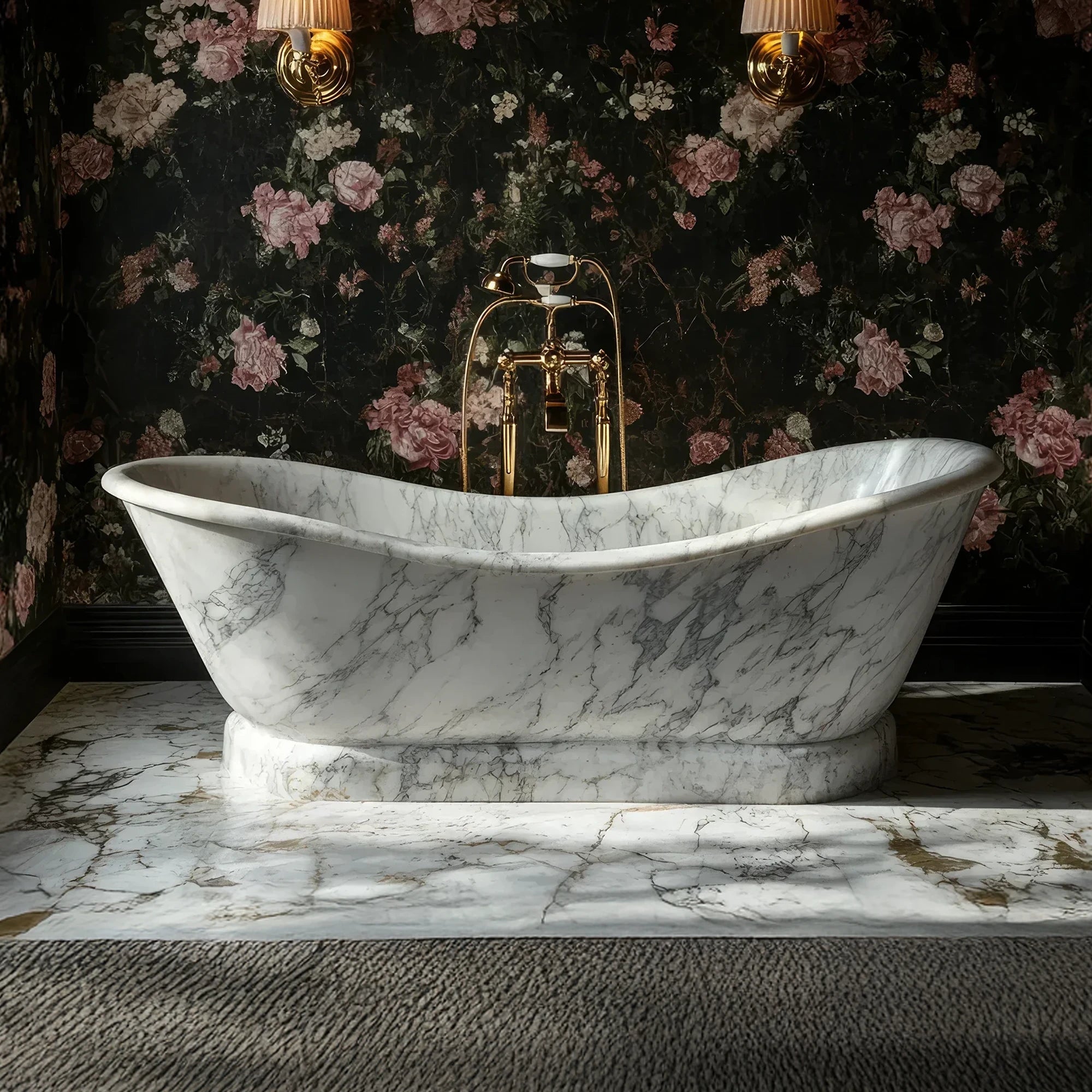 This image displays a luxury Noir marble bathtub with elegant sculpted curves and bold veining, perfect for high-end bathroom design.