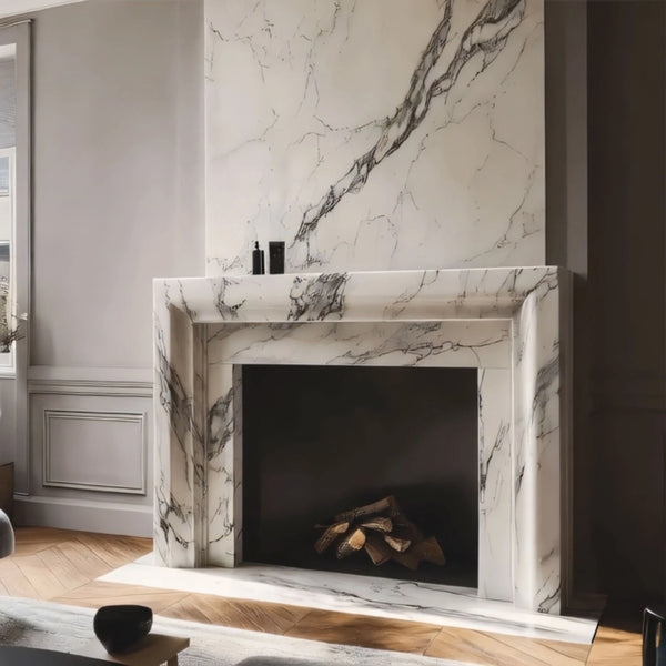 Elegant Marble Fireplace Mantel With an Extended Overmantel hover