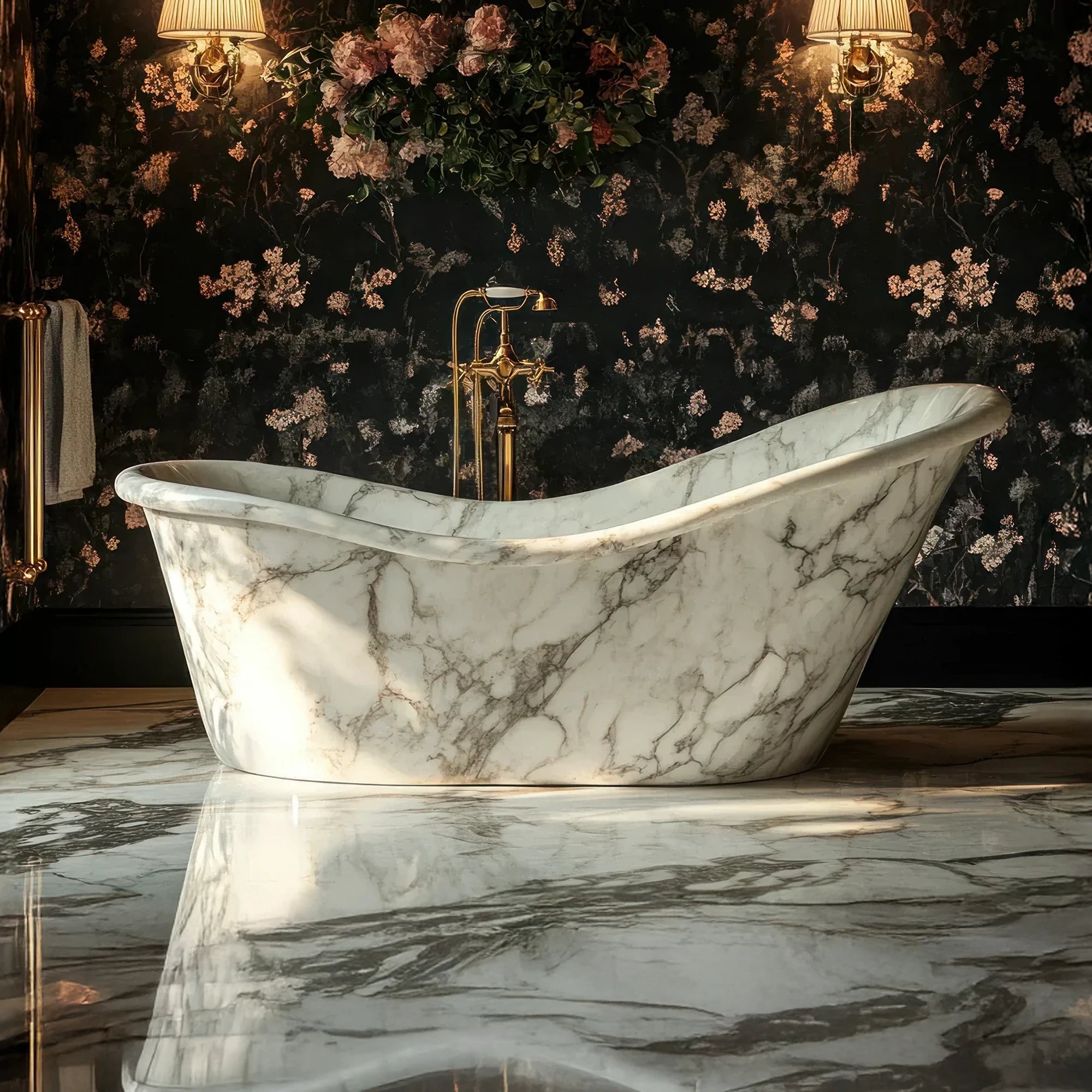 This image displays a luxury white marble bathtub with natural petal-like curves, bringing timeless beauty to modern bathroom spaces.